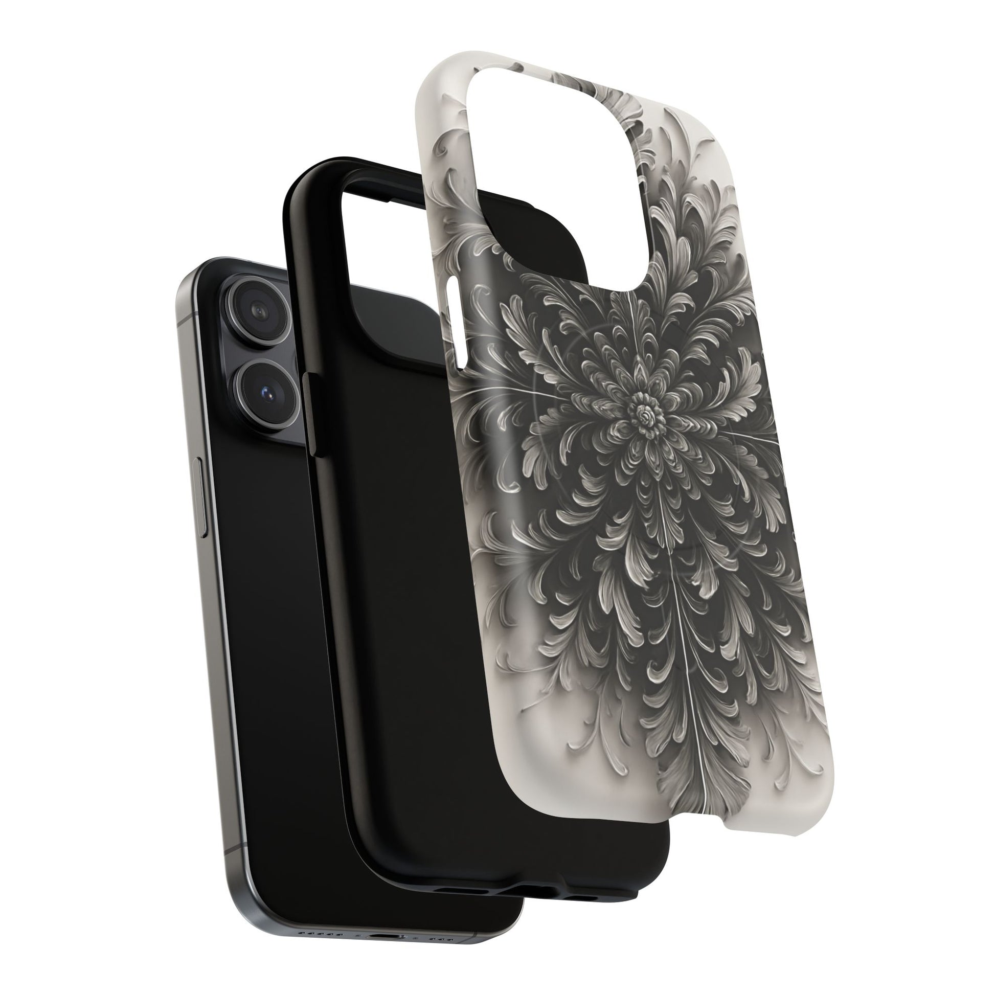 Obsidian Bloom - Elegant Black & White iPhone 15 Pro MagSafe Phone Case - Intricate Mandala Flower Design