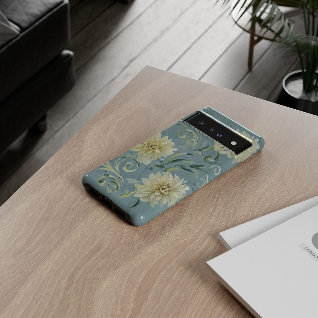 Golden Dahlia Trio - Elegant Floral Google Pixel 6 Pro Tough Phone Case - Artistic White & Blue Dahlia Design