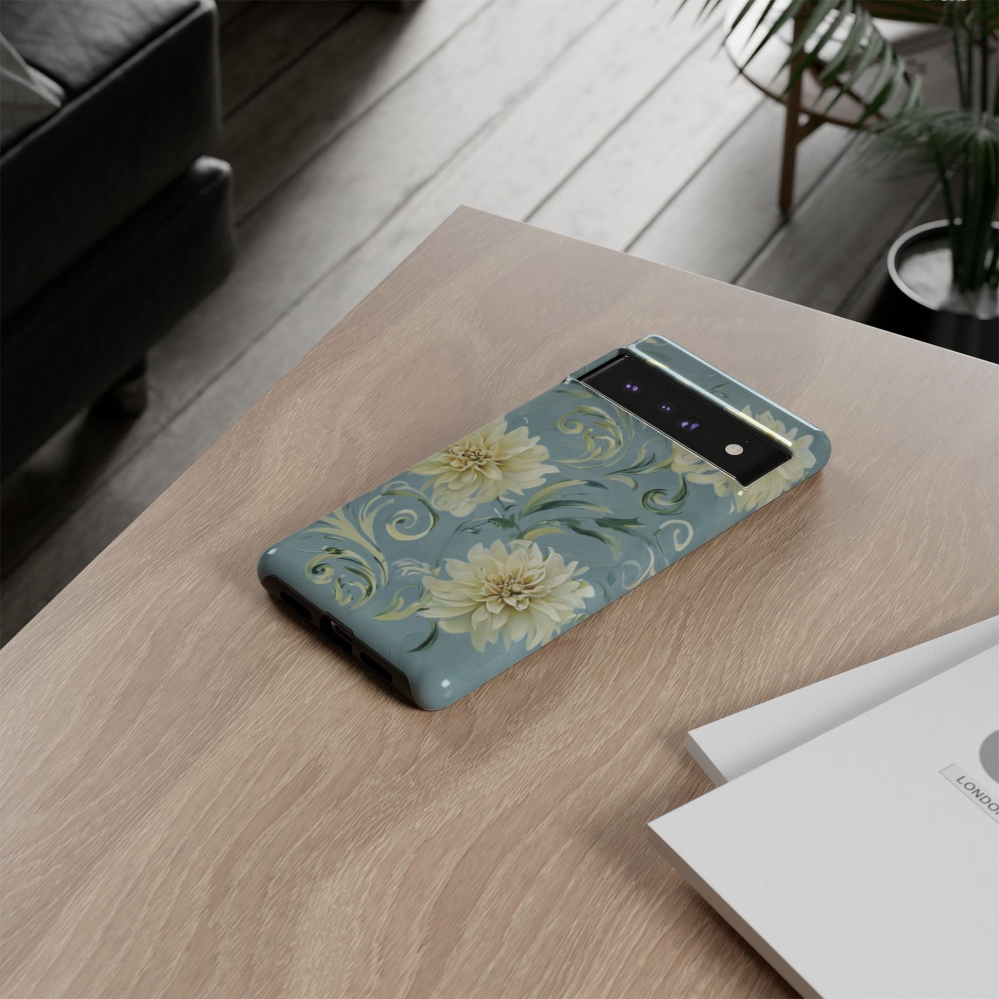 Golden Dahlia Trio - Elegant Floral Google Pixel 6 Pro Tough Phone Case - Artistic White & Blue Dahlia Design