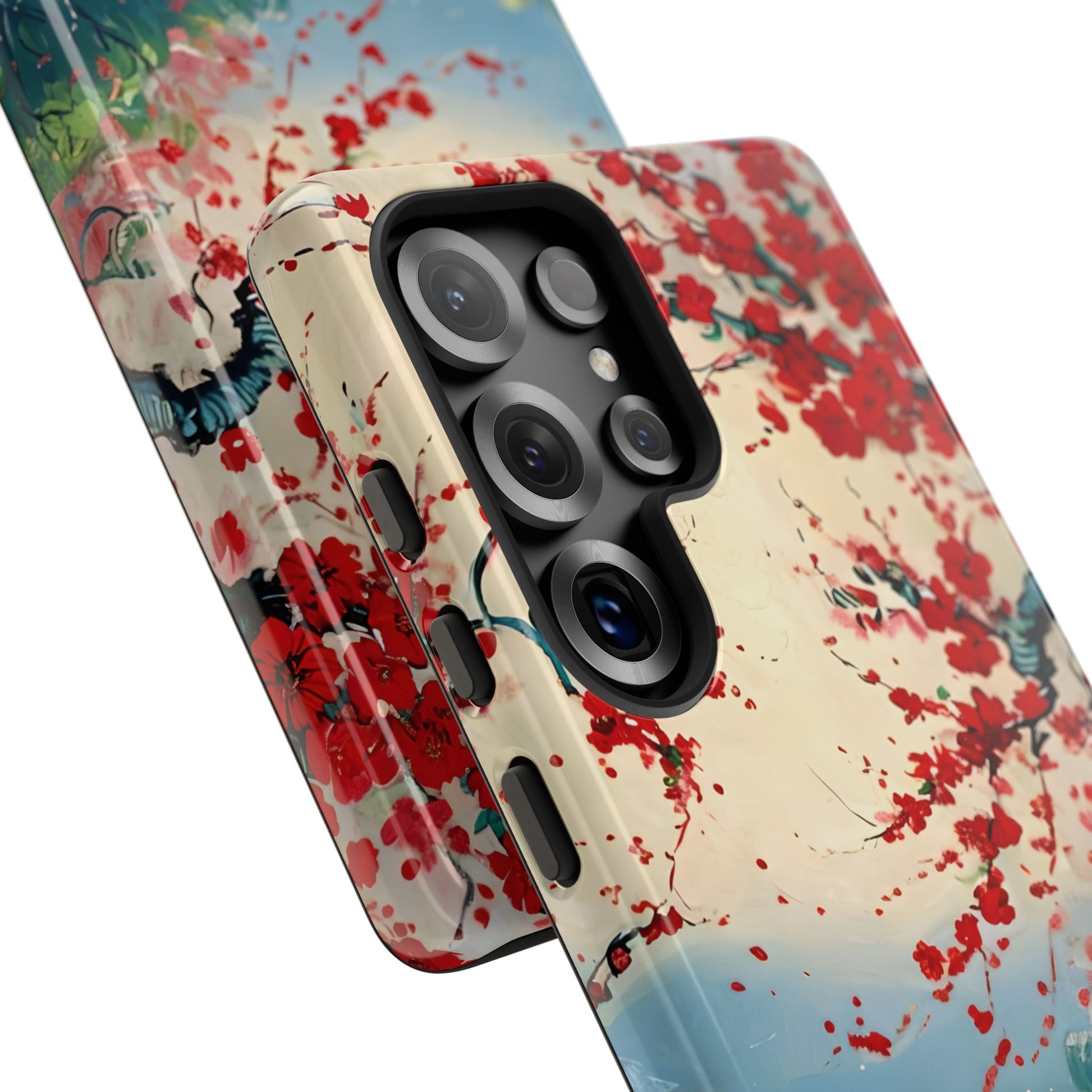 Crimson Blossom Lake - Artistic Floral Landscape Samsung Galaxy S25 Ultra Tough Phone Case - Red Cherry Blossoms & Serene Lake Design