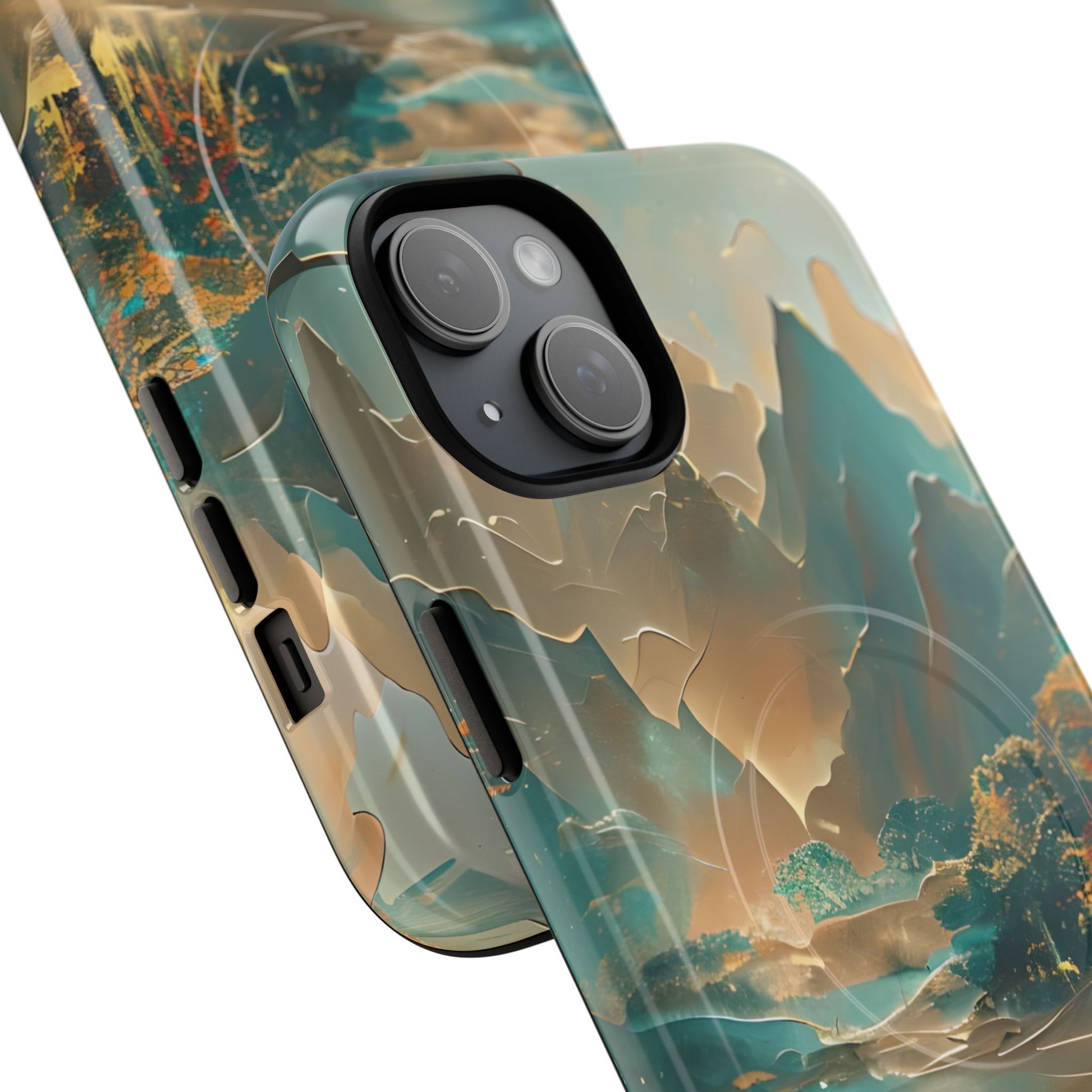 Misty Horizon - Serene Landscape Art iPhone 15 Plus MagSafe Phone Case - Tranquil Mountain & Lake Design