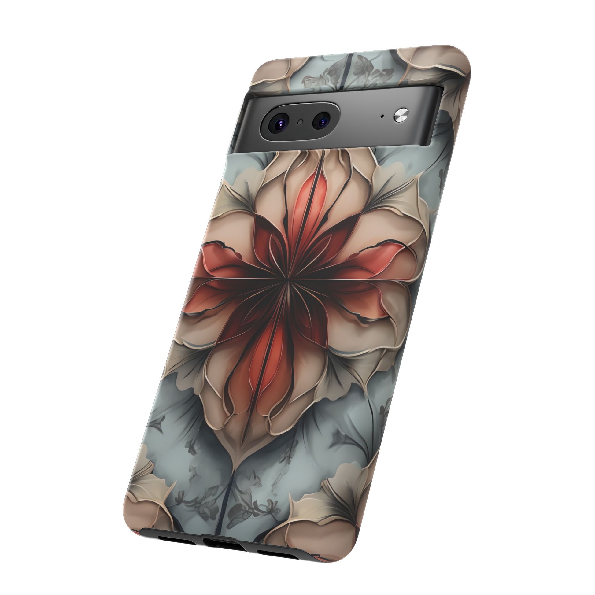 Ember Bloom - Kaleidoscope Collection Artistic Floral - Google Pixel 7 Tough Phone Case - Fiery Symmetrical Design