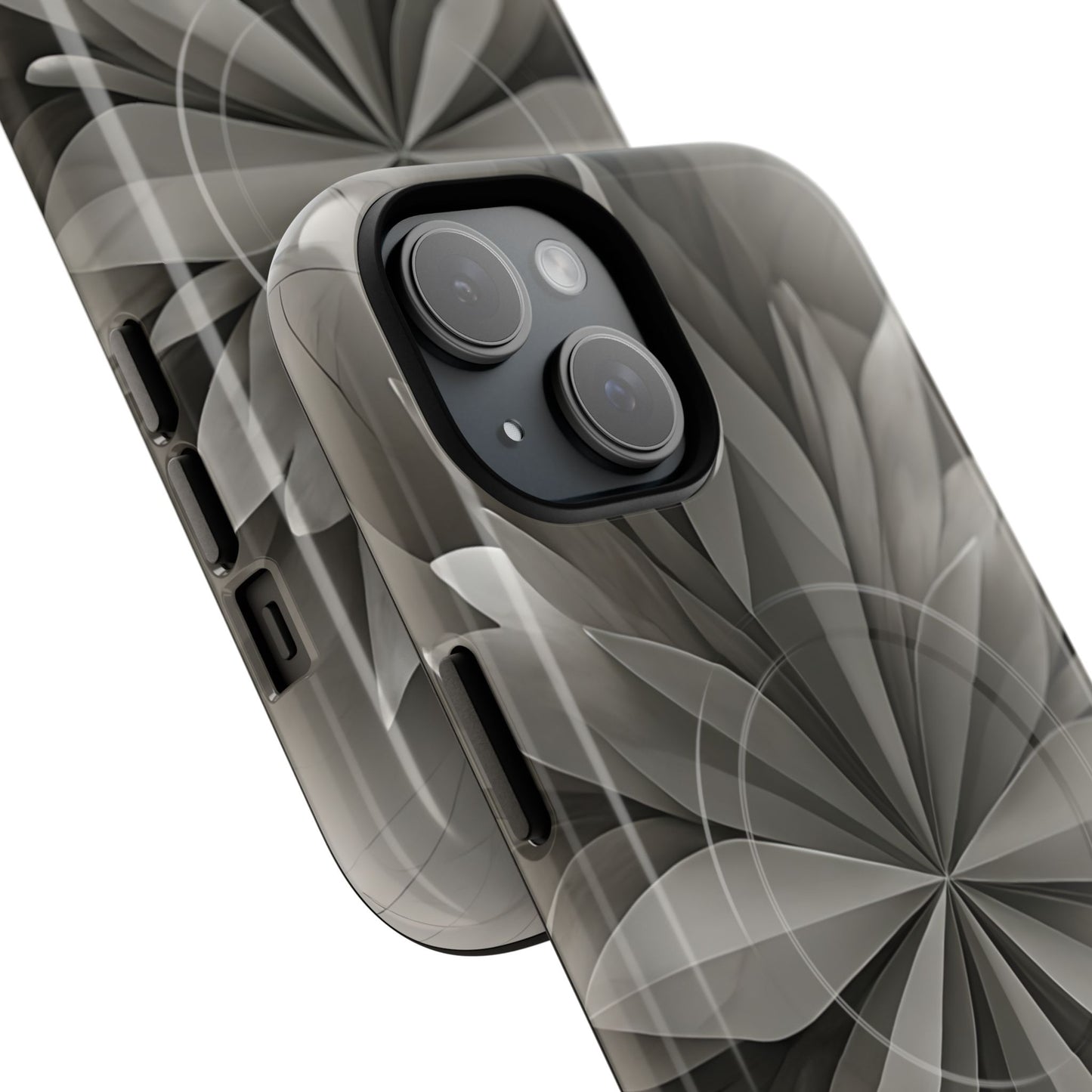 Angled view of Silver Lotus iPhone MagSafe protective phone case
