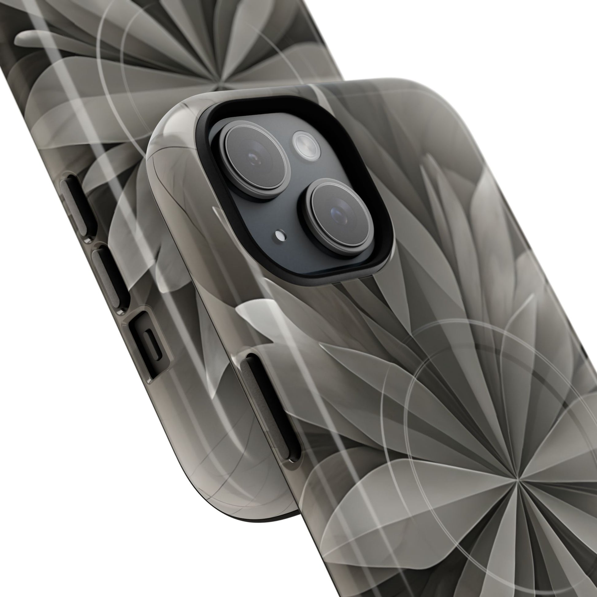 Angled view of Silver Lotus iPhone MagSafe protective phone case