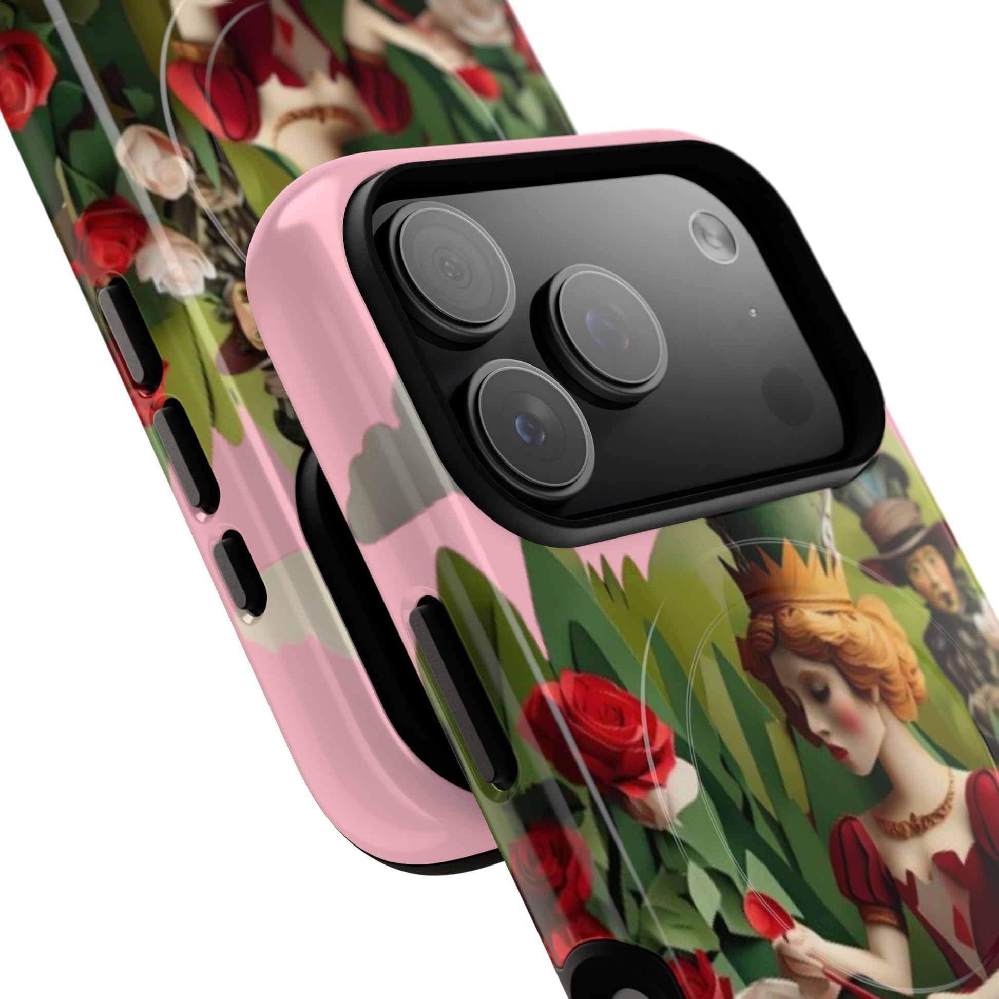 Angled view of Regal Rose Court iPhone MagSafe protective phone case with large camera cutout