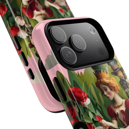 Angled view of Regal Rose Court iPhone MagSafe protective phone case with large camera cutout