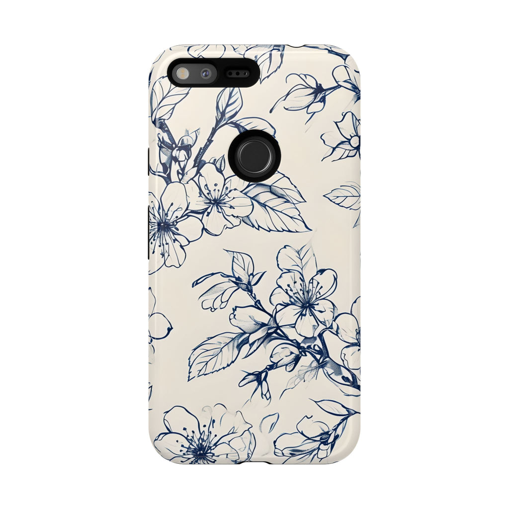 Blossom Sketch - Artistic Blue Floral Google Pixel XL - Tough Phone Case - Hand-Drawn Botanical Design