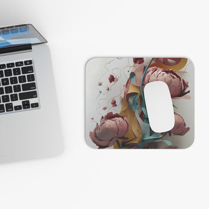 Blushing Peony Veil mouse pad beside laptop displaying pink peony artwork