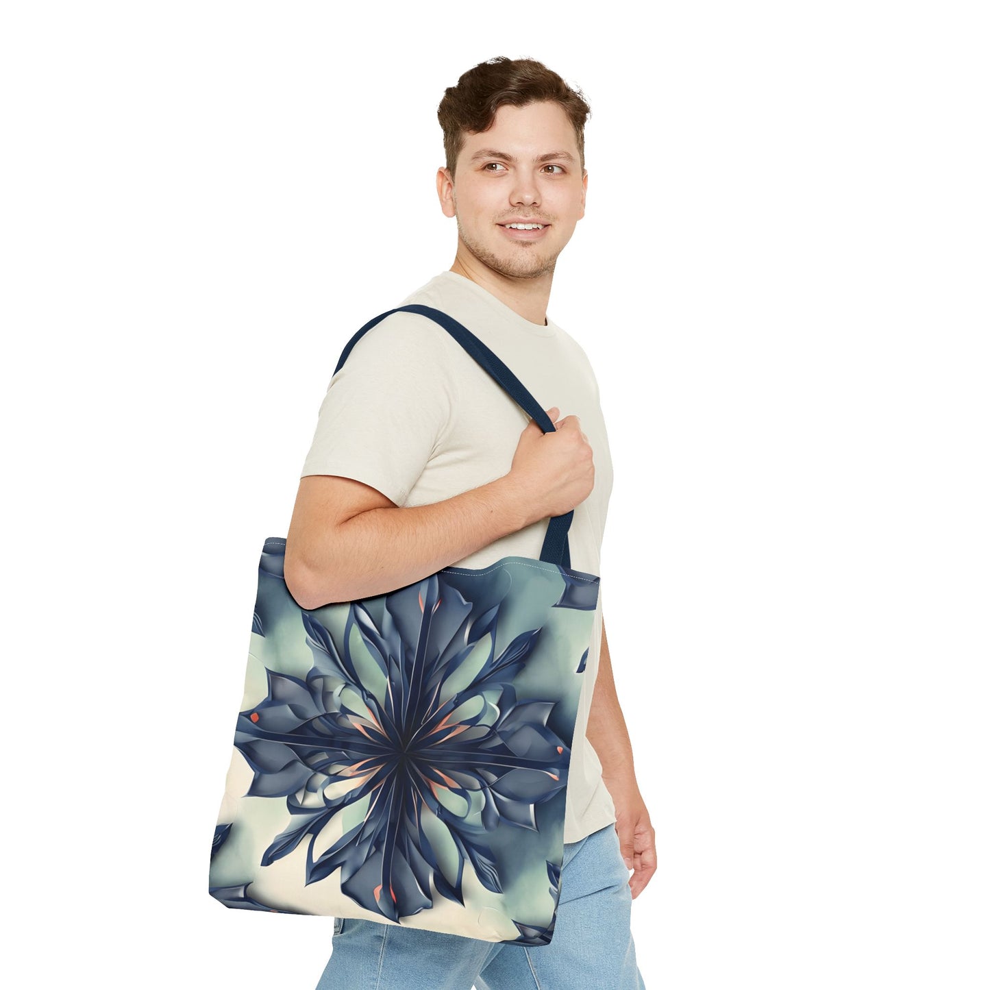 Frosted Indigo Bloom Tote Bag (16x16 & 18x18)- Navy Blue Floral Burst on Cream Canvas with Navy Handle, Reusable & Stylish