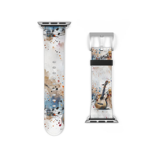 Strum and Flow Apple Watch band strap with silver clasp showing acoustic guitar and musical notes design
