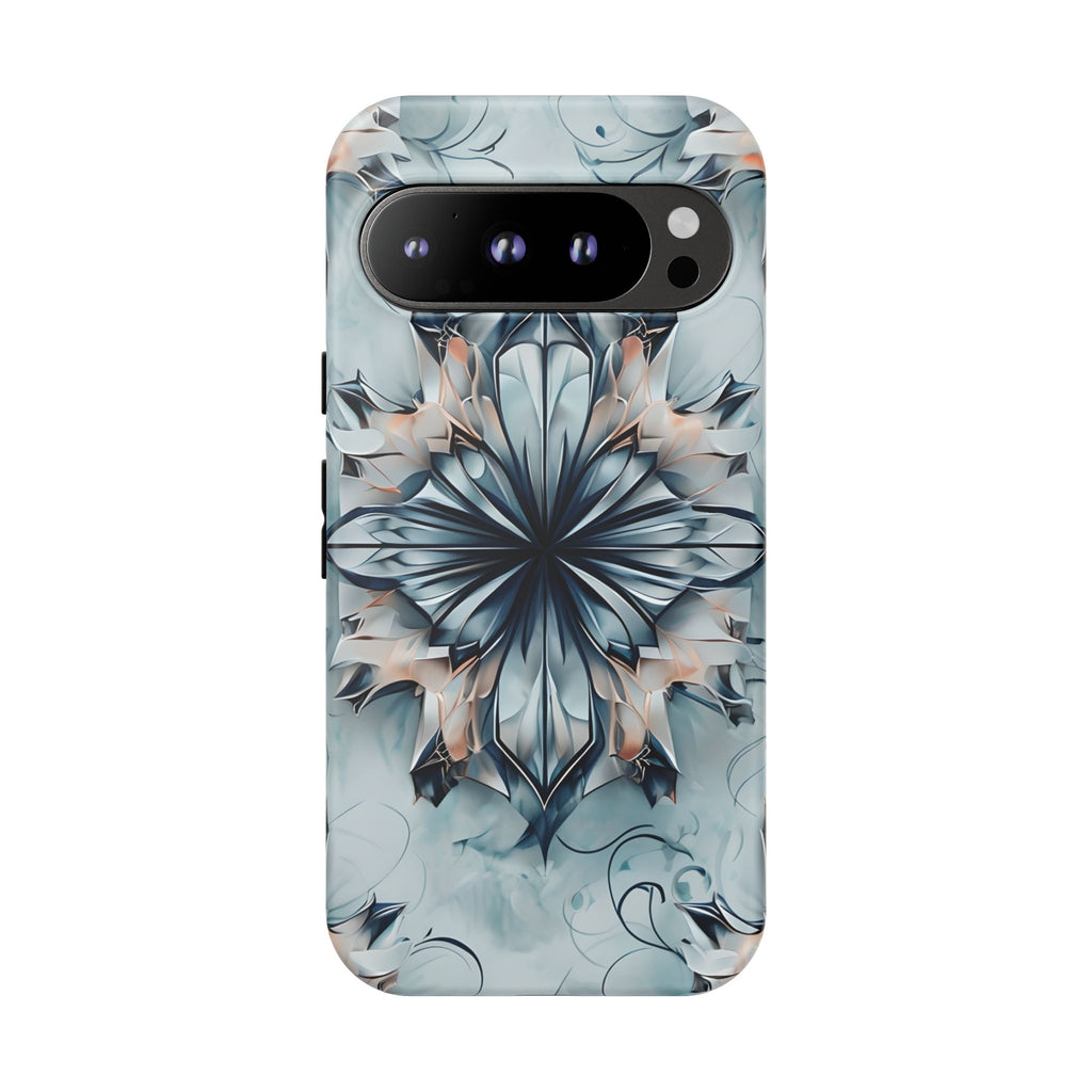 Indigo Mirage - Artistic Kaleidoscope Collection Artistic Floral - Google Pixel 9 Pro Tough Phone Case - Bold Indigo Symmetrical Design