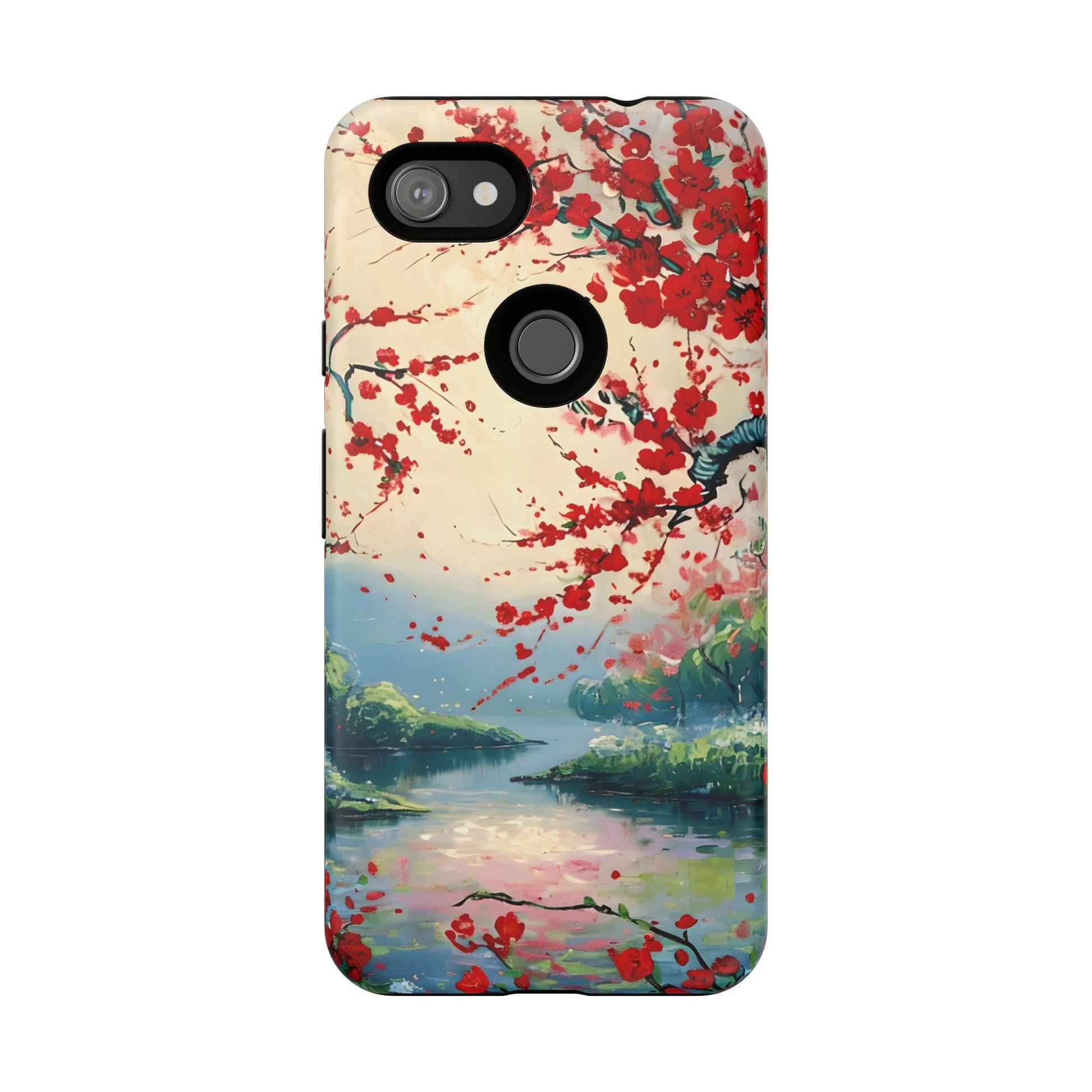 Crimson Blossom Lake - Artistic Floral Landscape Google Pixel 3a XL Tough Phone Case - Red Cherry Blossoms & Serene Lake Design