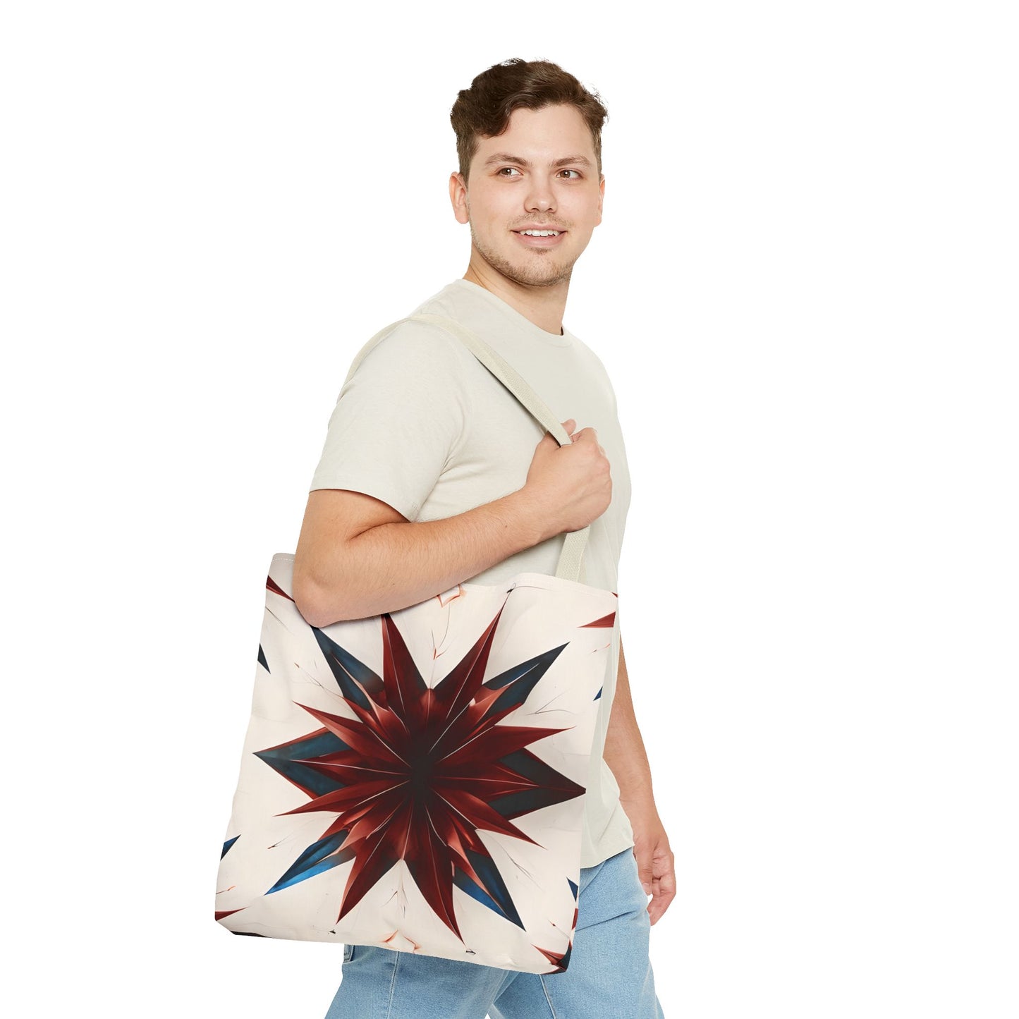 Garnet Starburst Tote Bag (16x16 & 18x18)- Bold Red Geometric Floral on Beige Canvas, Eco-Friendly & Durable