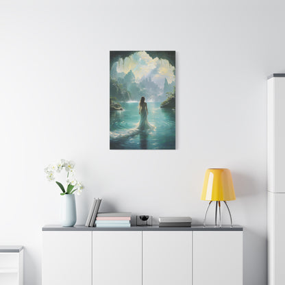 Celestial Tides wall art canvas displayed above a modern white console table in a bright living room