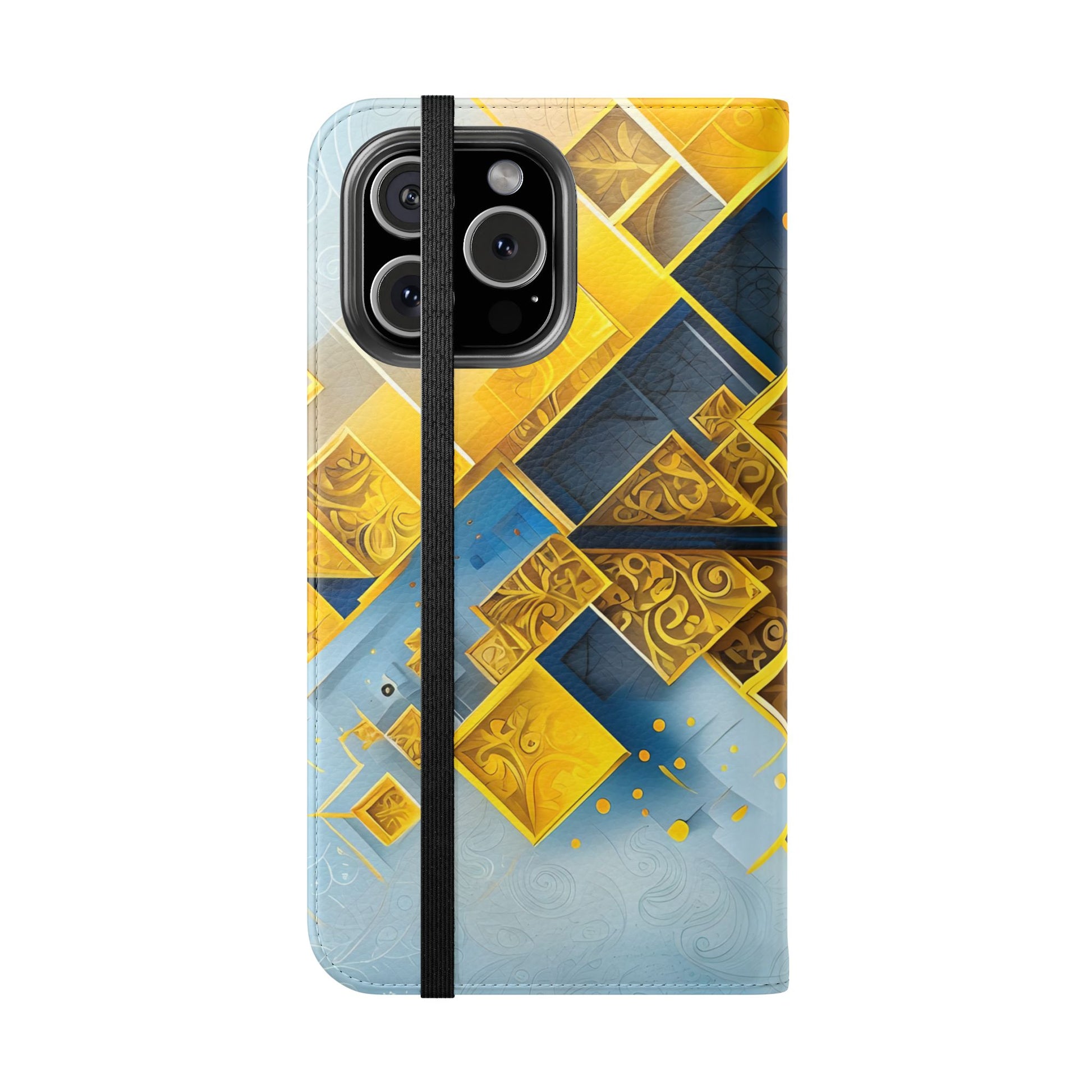 Golden Ascent Wallet Phone Case - Abstract Yellow & Blue Flip Cover for iPhone 16 Pro Max