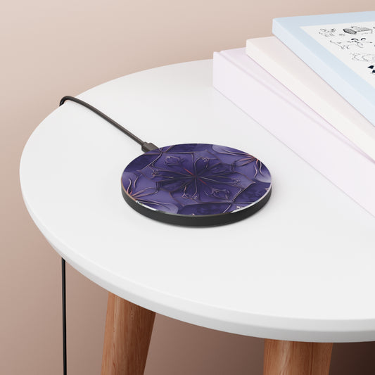 Violet Nebula purple abstract mandala art Qi wireless charger on bedside table with books
