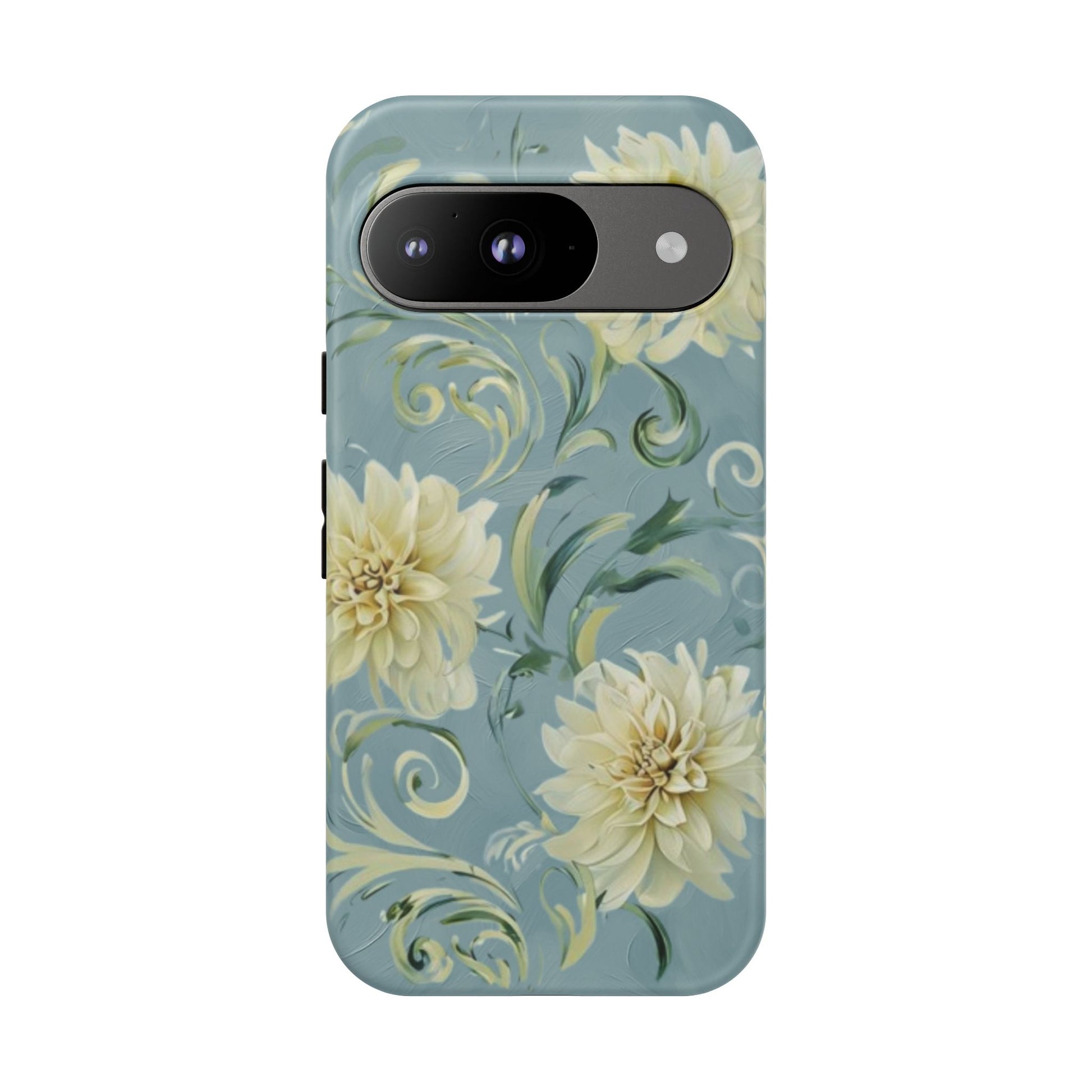Golden Dahlia Trio - Elegant Floral Google Pixel 9 Tough Phone Case - Artistic White & Blue Dahlia Design