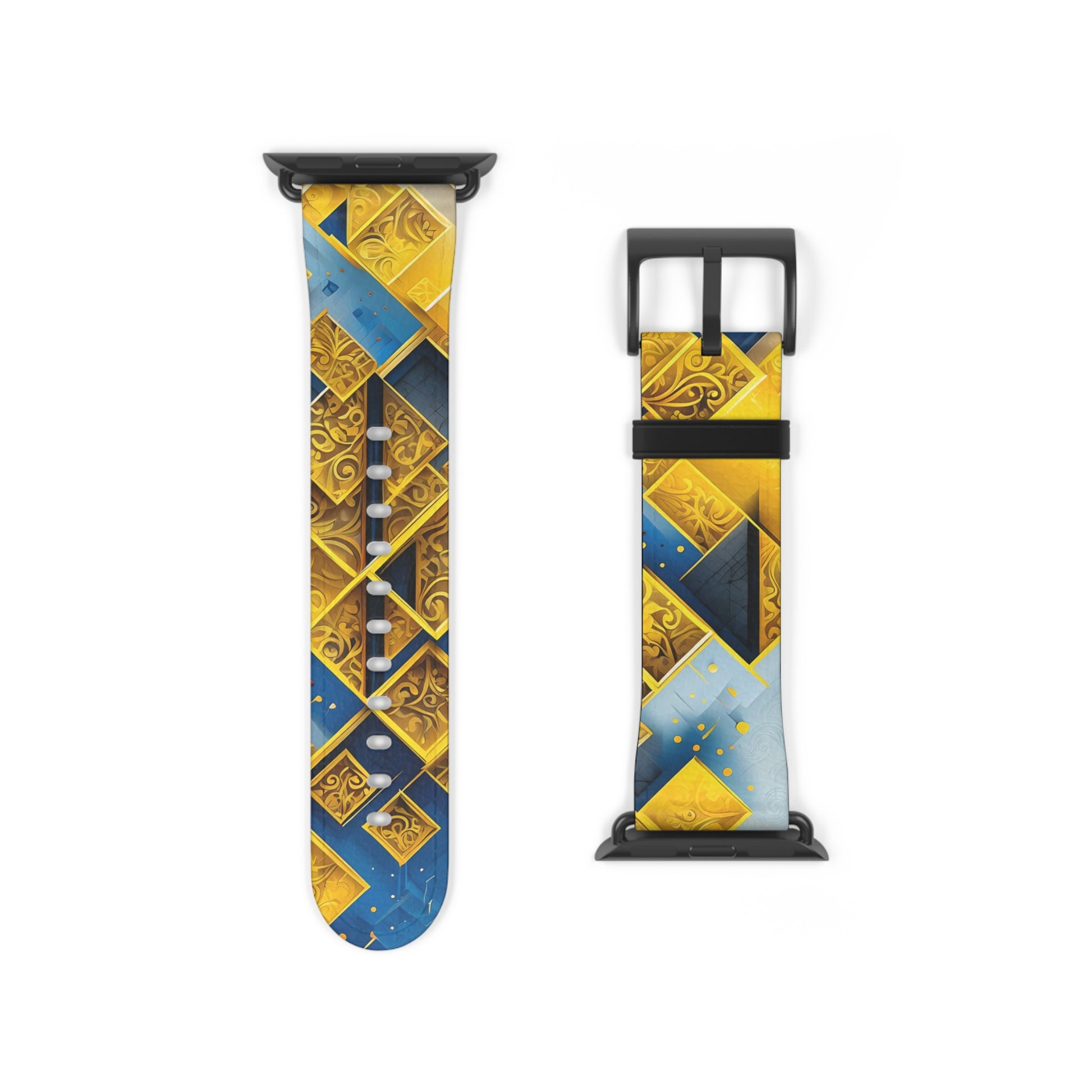 Golden Ascent Apple Watch band strap with black clasp displaying geometric mountain pattern with gold accents