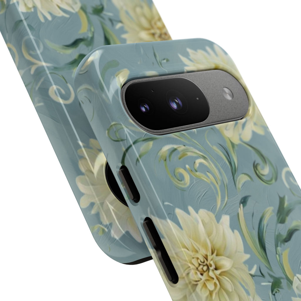 Golden Dahlia Trio - Elegant Floral Google Pixel 9 Tough Phone Case - Artistic White & Blue Dahlia Design