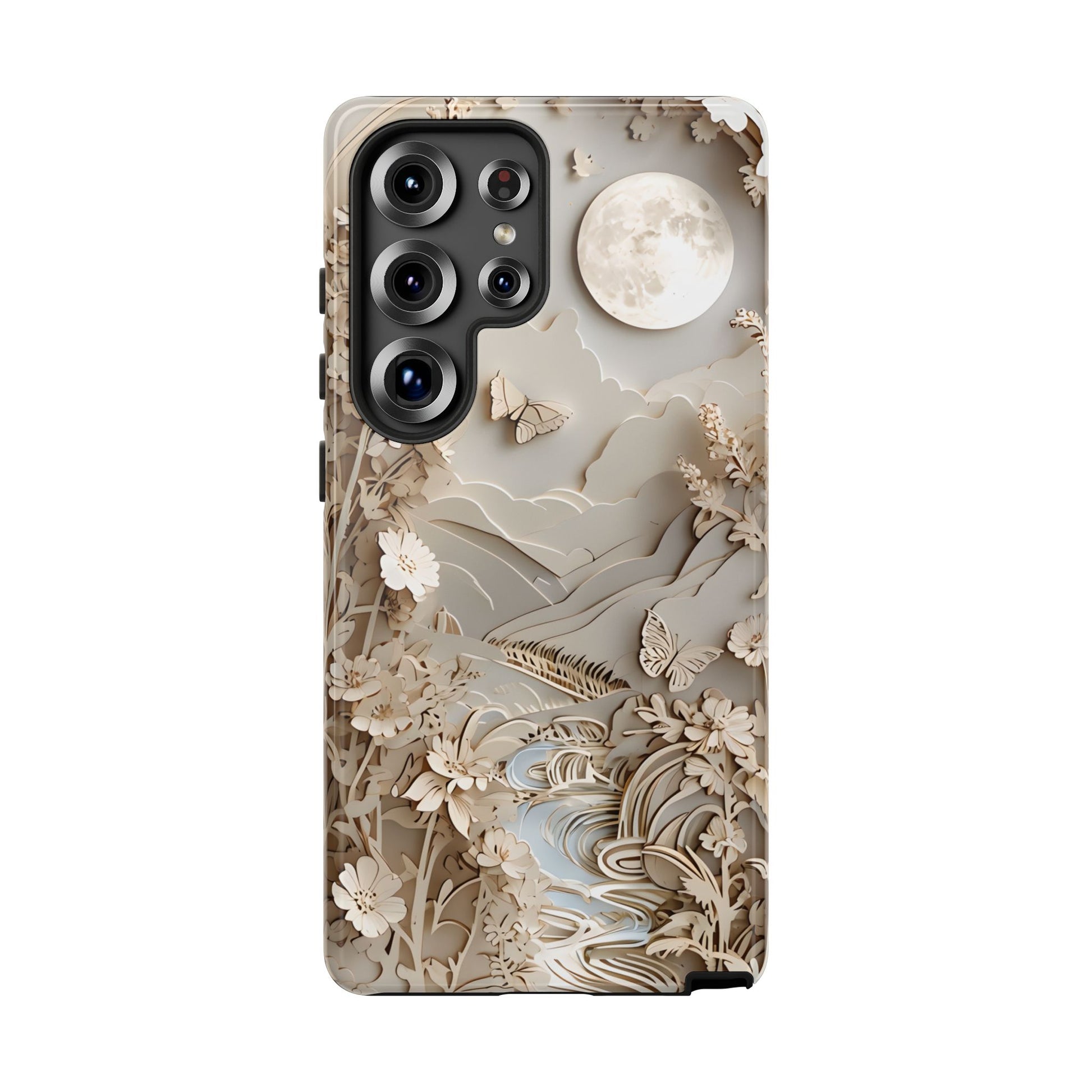 Moonlit Garden - Elegant Neutral Floral Samsung Galaxy S25 Ultra Tough Phone Case - Painterly Botanical & Moon Design