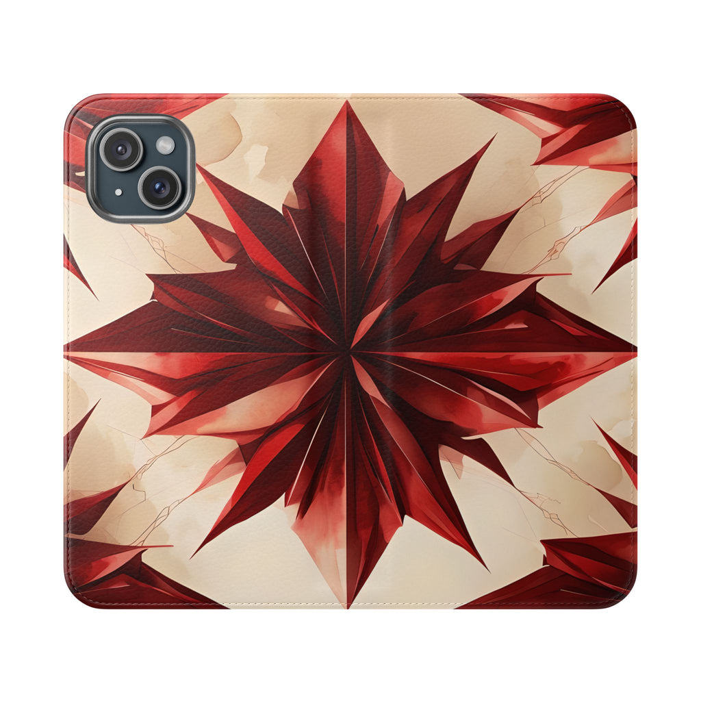 Ruby Compass iPhone 15 Plus Wallet Case - Bold Geometric Flip Cover with Card Slots