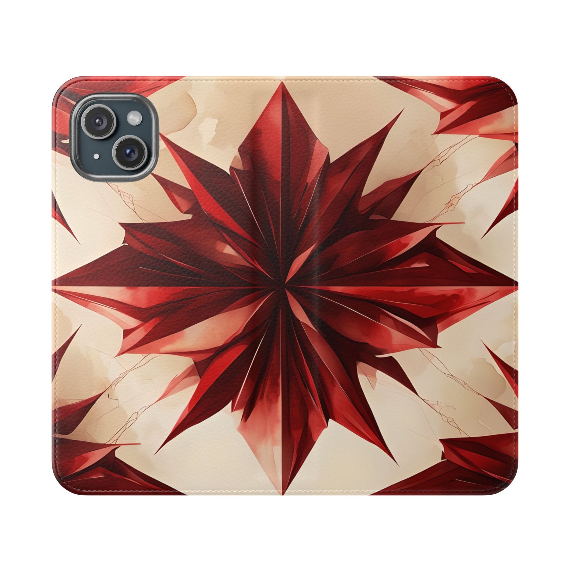 Ruby Compass iPhone 15 Plus Wallet Case - Bold Geometric Flip Cover with Card Slots
