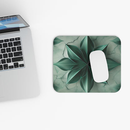 Emerald Bloom mouse pad beside laptop displaying green floral design