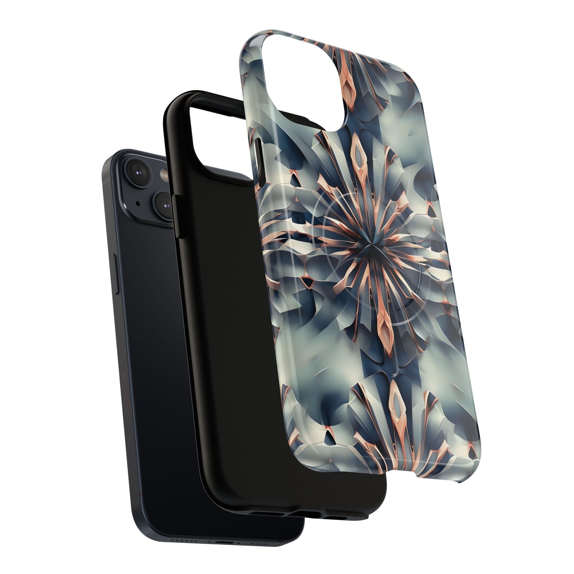 Obsidian Kaleidoscope Artistic Floral Burst - iPhone 14 Plus MagSafe Phone Case -Blue, Peach and Silver Symmetrical Design