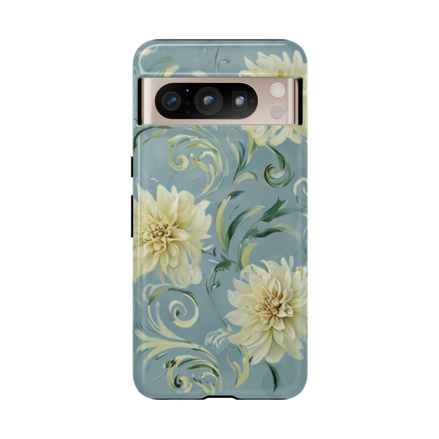 Golden Dahlia Trio - Elegant Floral Google Pixel Tough Phone Case - Artistic White & Blue Dahlia Design