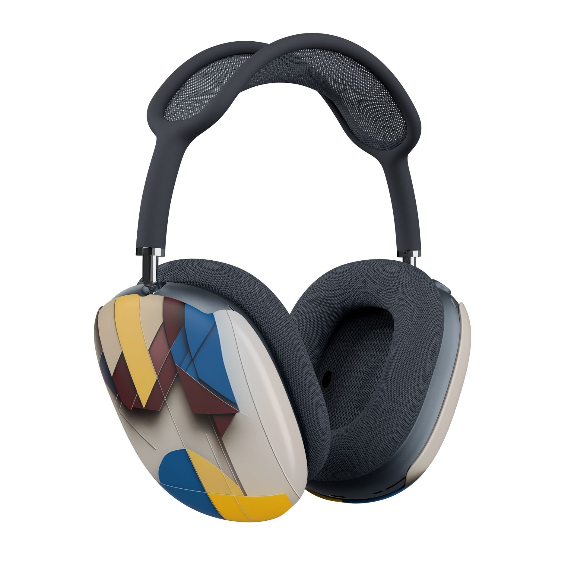 Chromatic Construct AirPods Max cover set on Apple headphones, bold multicolor geometric design for Apple AirPods Max, angled side view