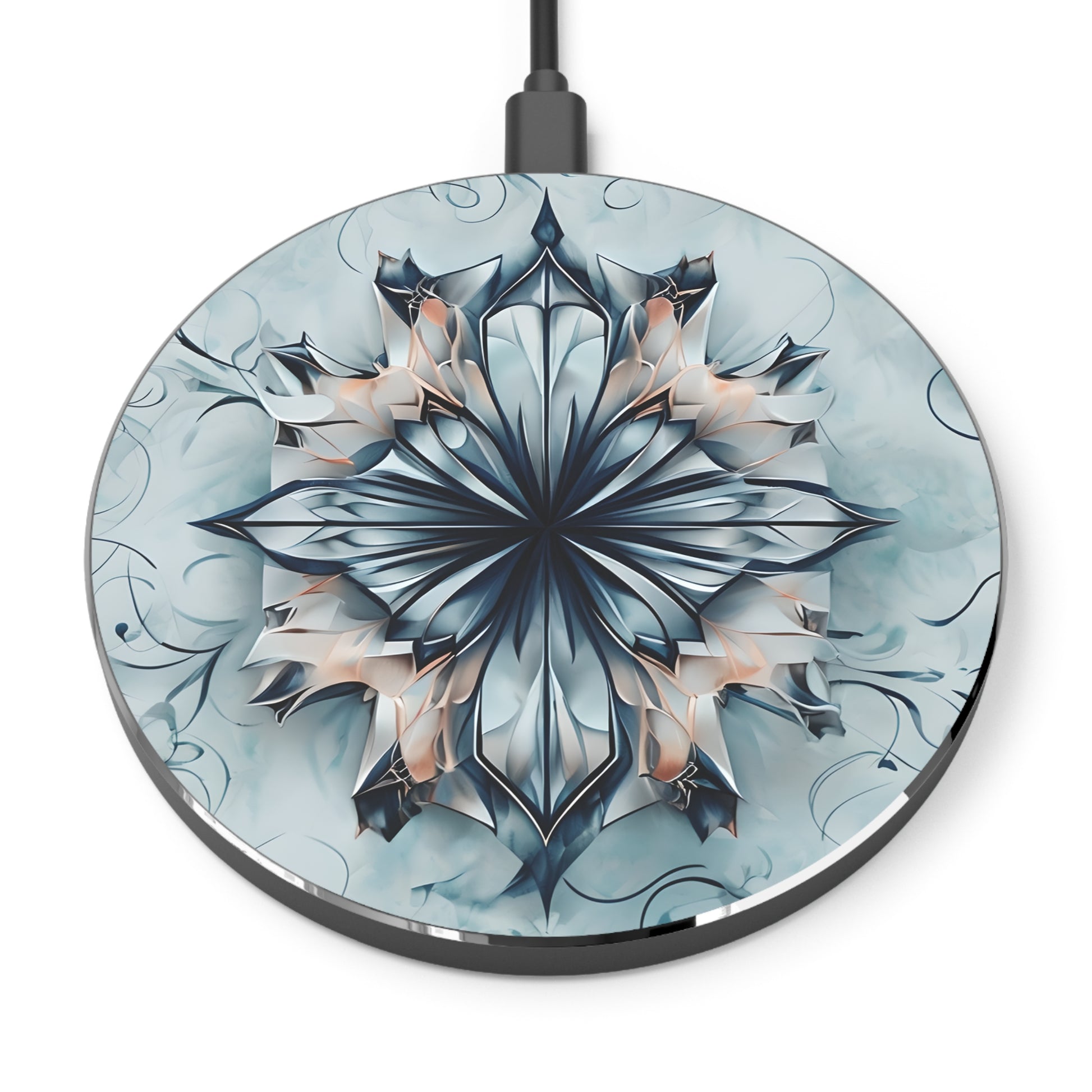 Indigo Mirage blue floral mandala decorative Qi wireless charger with icy indigo geometric pattern
