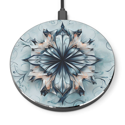 Indigo Mirage blue floral mandala decorative Qi wireless charger with icy indigo geometric pattern
