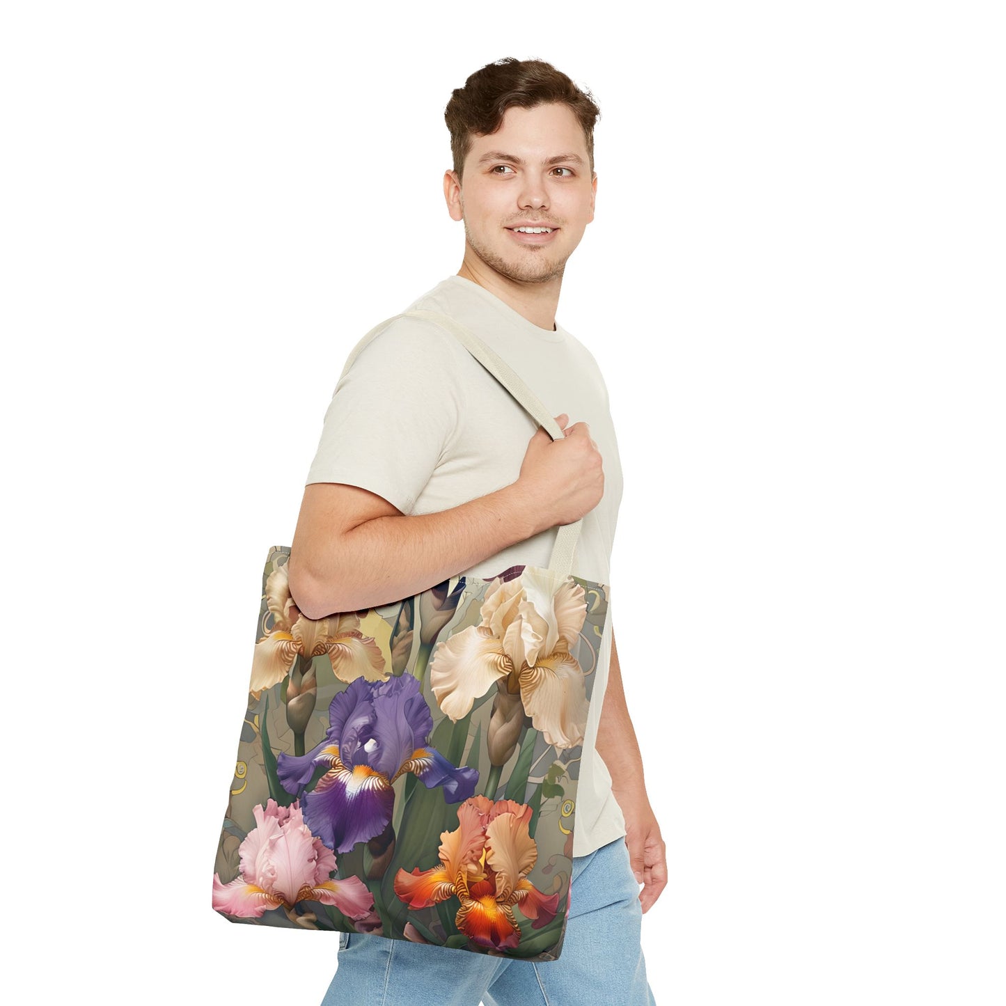 Iris Reverie Tote Bag (16x16 & 18x18)- Vintage Beige Canvas with Soft Purple, Pink and Orange Irises, Reusable & Eco-Friendly