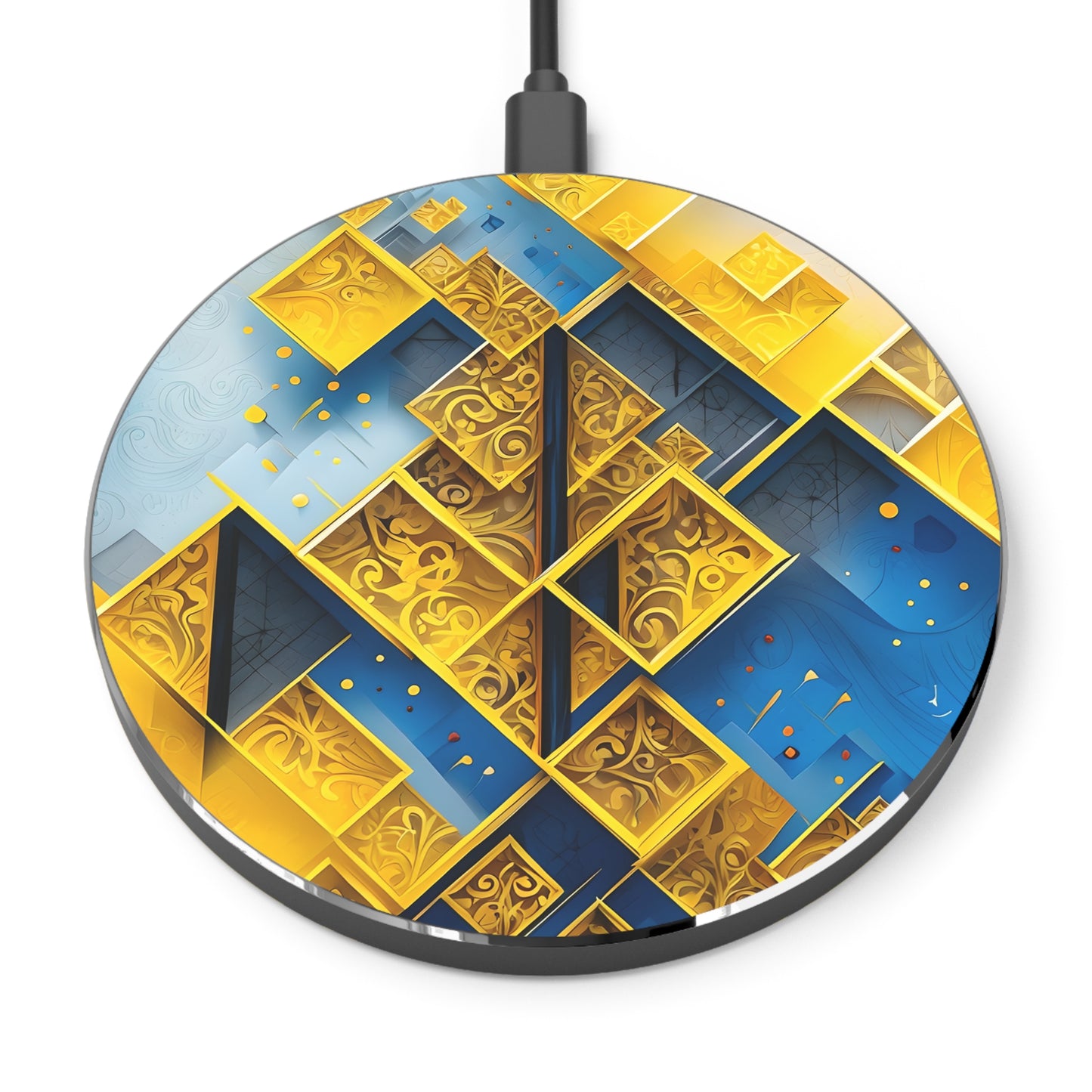 Golden Ascent geometric gold and blue decorative Qi wireless charger with art deco pattern
