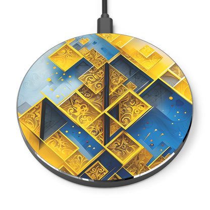 Golden Ascent geometric gold and blue decorative Qi wireless charger with art deco pattern