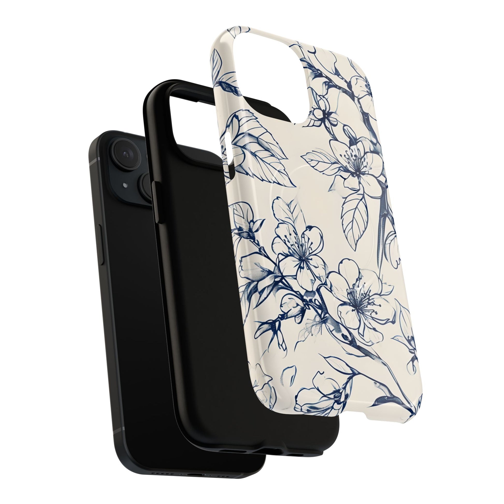 Blossom Sketch - Artistic Blue Floral - iPhone 15 MagSafe Phone Case - Hand-Drawn Botanical Design