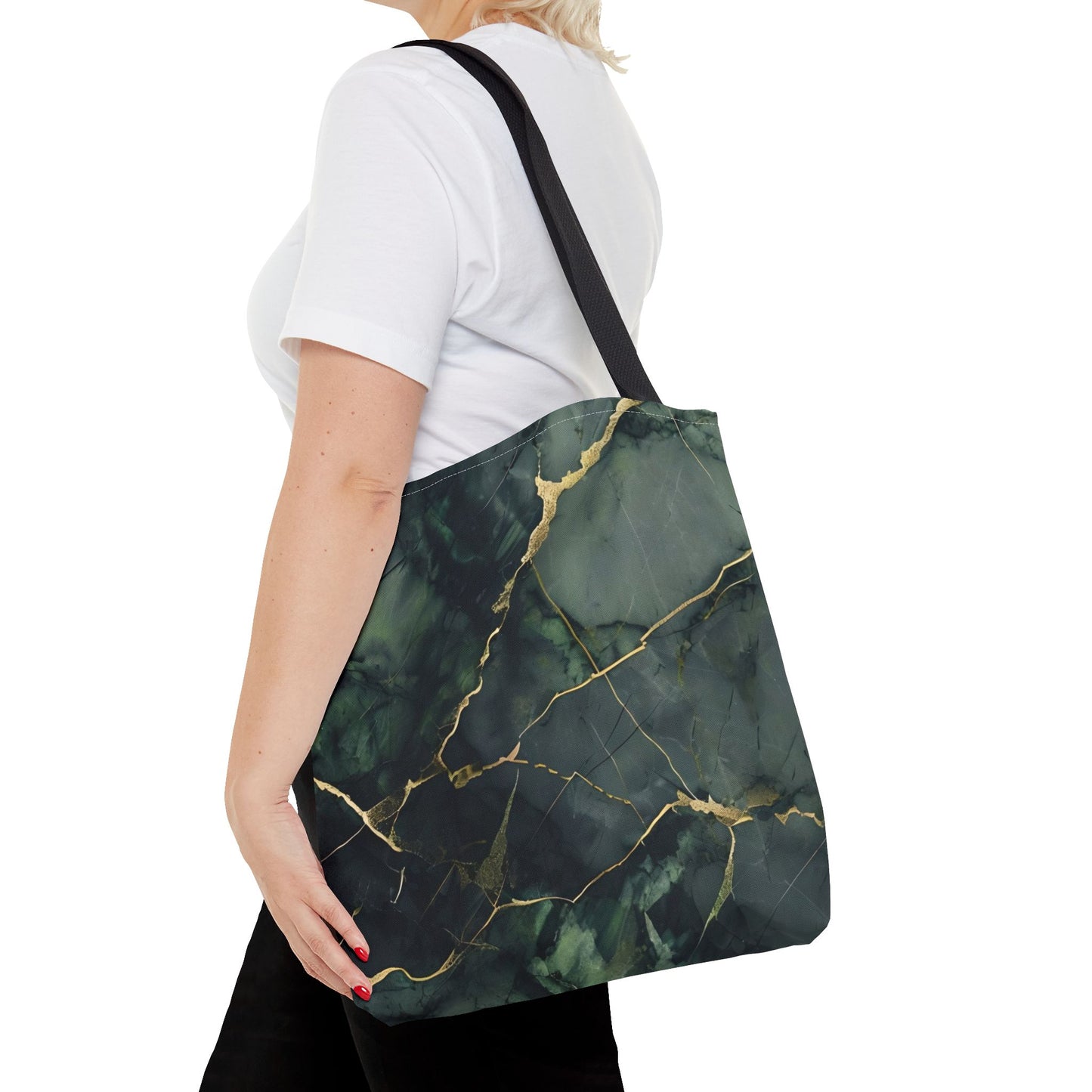 Verdant Vein canvas tote bag worn over shoulder showing green stone marble artwork