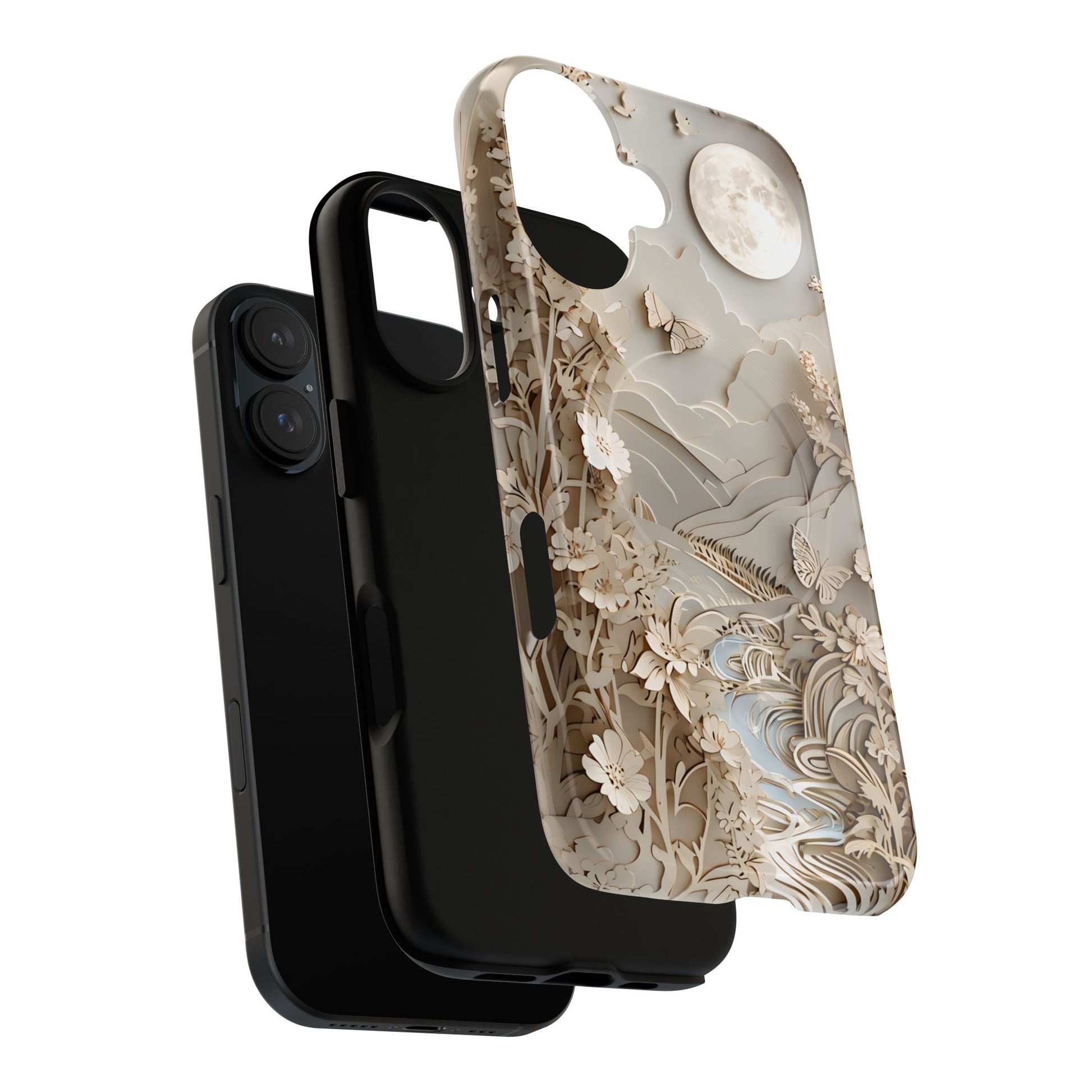 Moonlit Garden - Elegant Neutral Floral iPhone 16 MagSafe Phone Case - Painterly Botanical & Moon Design