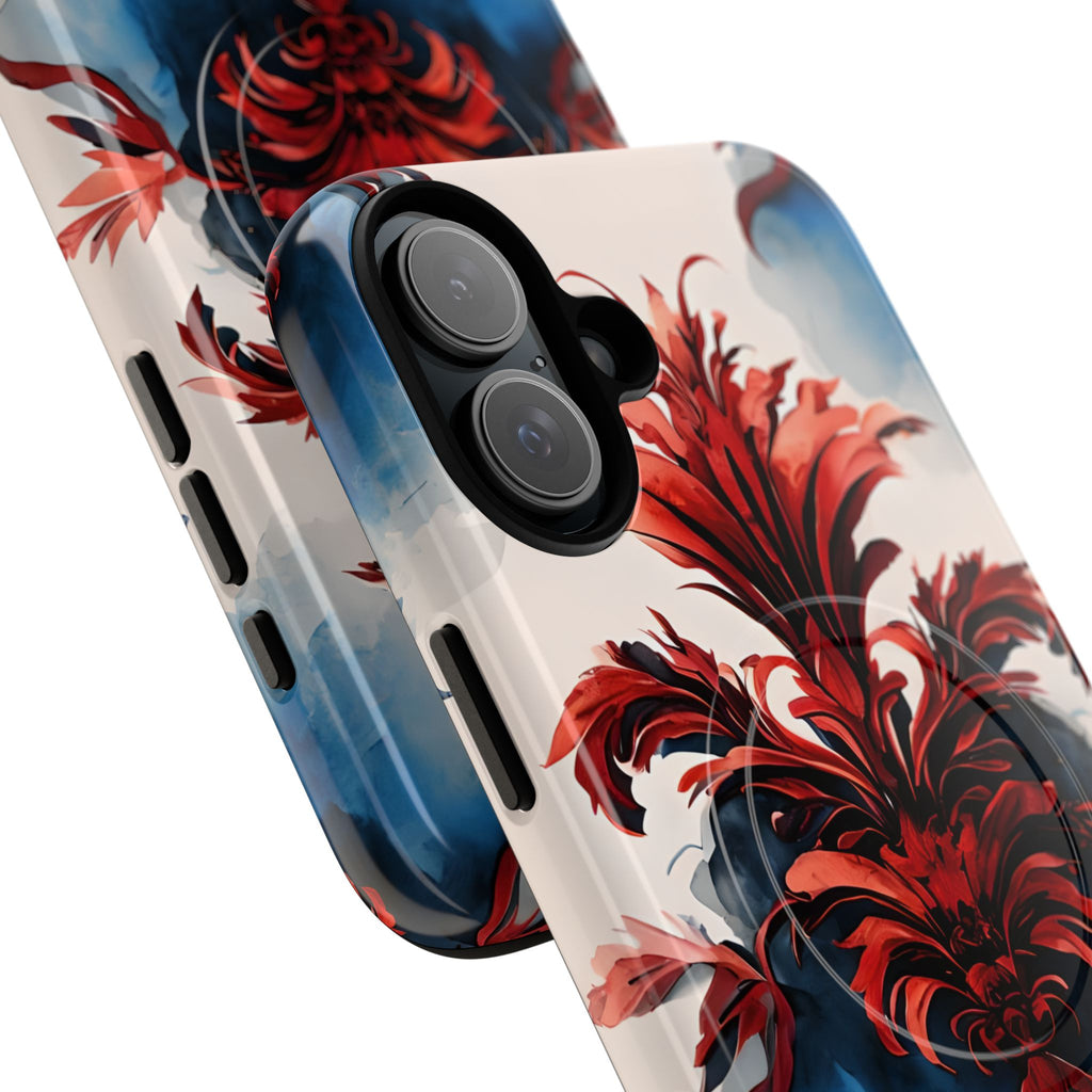 Crimson Plume - Bold Artistic Feather iPhone 16 Plus MagSafe Phone Case - Dramatic Red & Blue Design