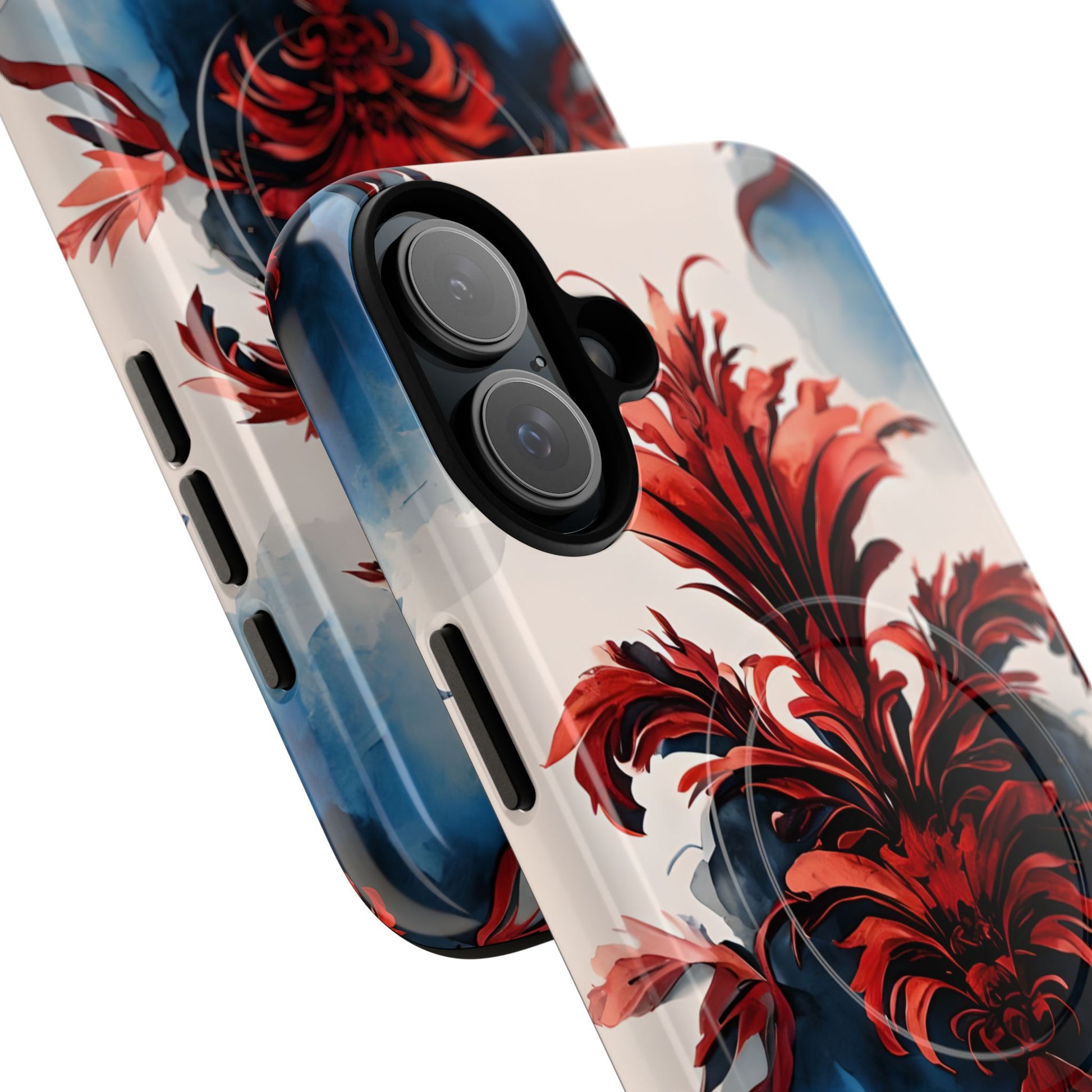 Crimson Plume - Bold Artistic Feather iPhone 16 Plus MagSafe Phone Case - Dramatic Red & Blue Design