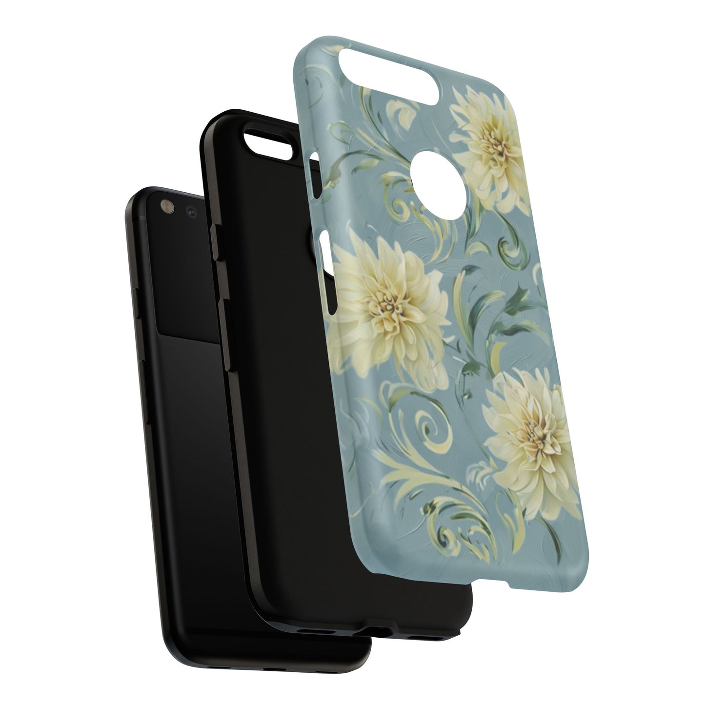 Golden Dahlia Trio - Elegant Floral Google Pixel Tough Phone Case - Artistic White & Blue Dahlia Design