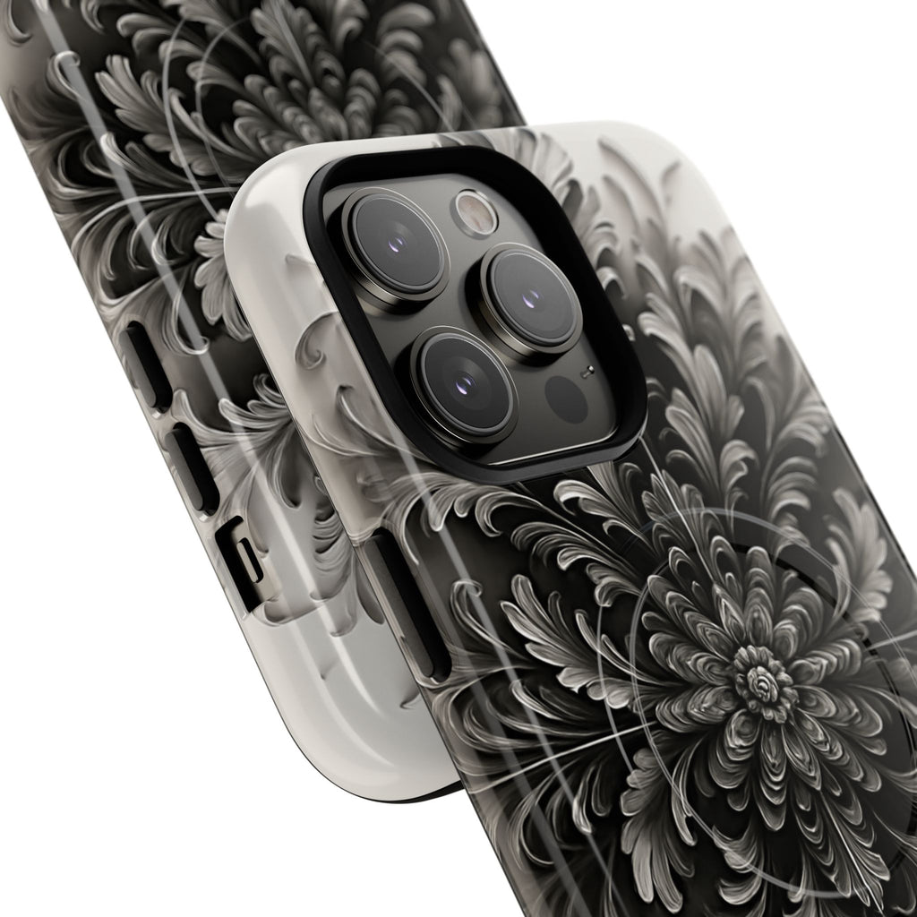 Obsidian Bloom - Elegant Black & White iPhone 14 Pro Max MagSafe Phone Case - Intricate Mandala Flower Design