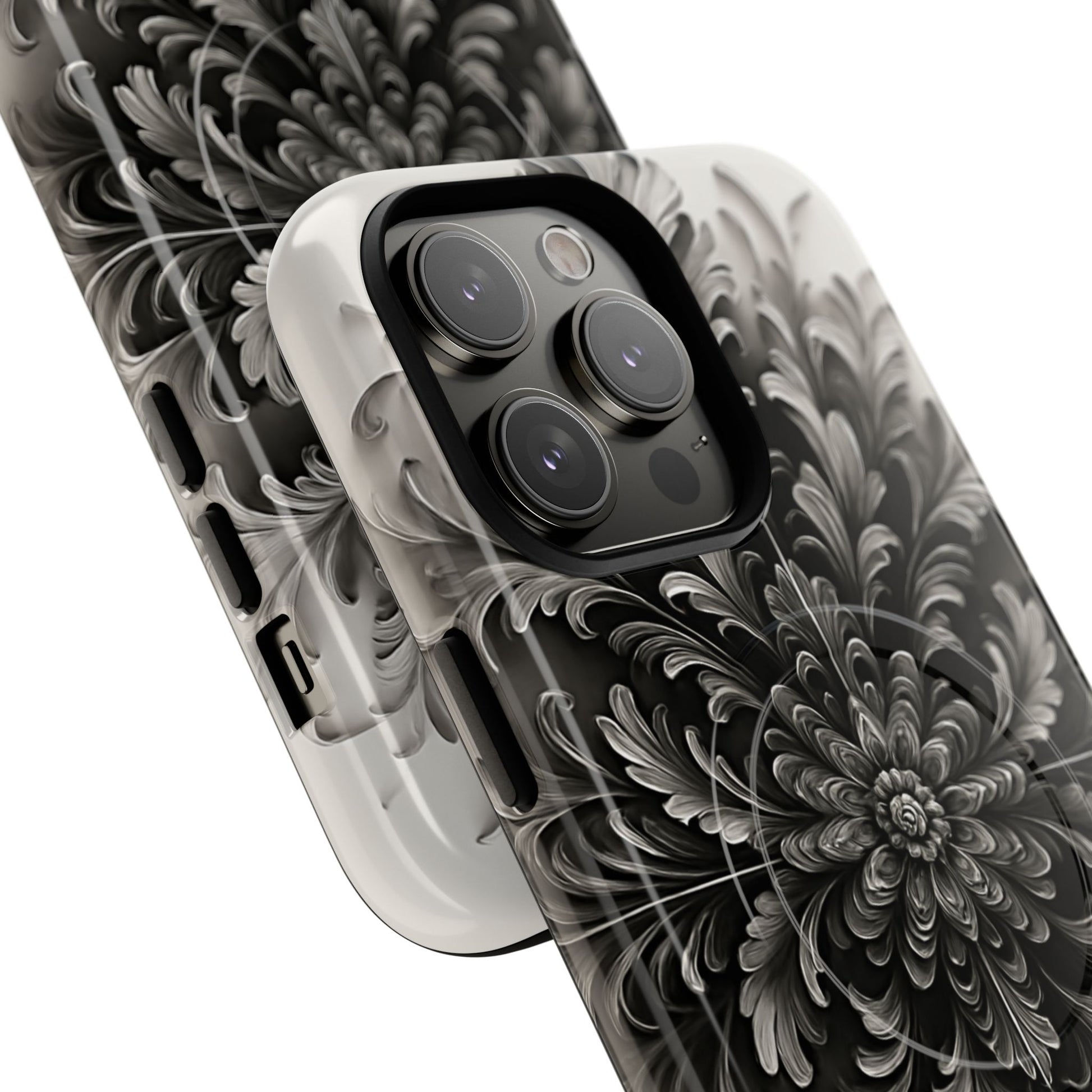 Obsidian Bloom - Elegant Black & White iPhone 14 Pro Max MagSafe Phone Case - Intricate Mandala Flower Design