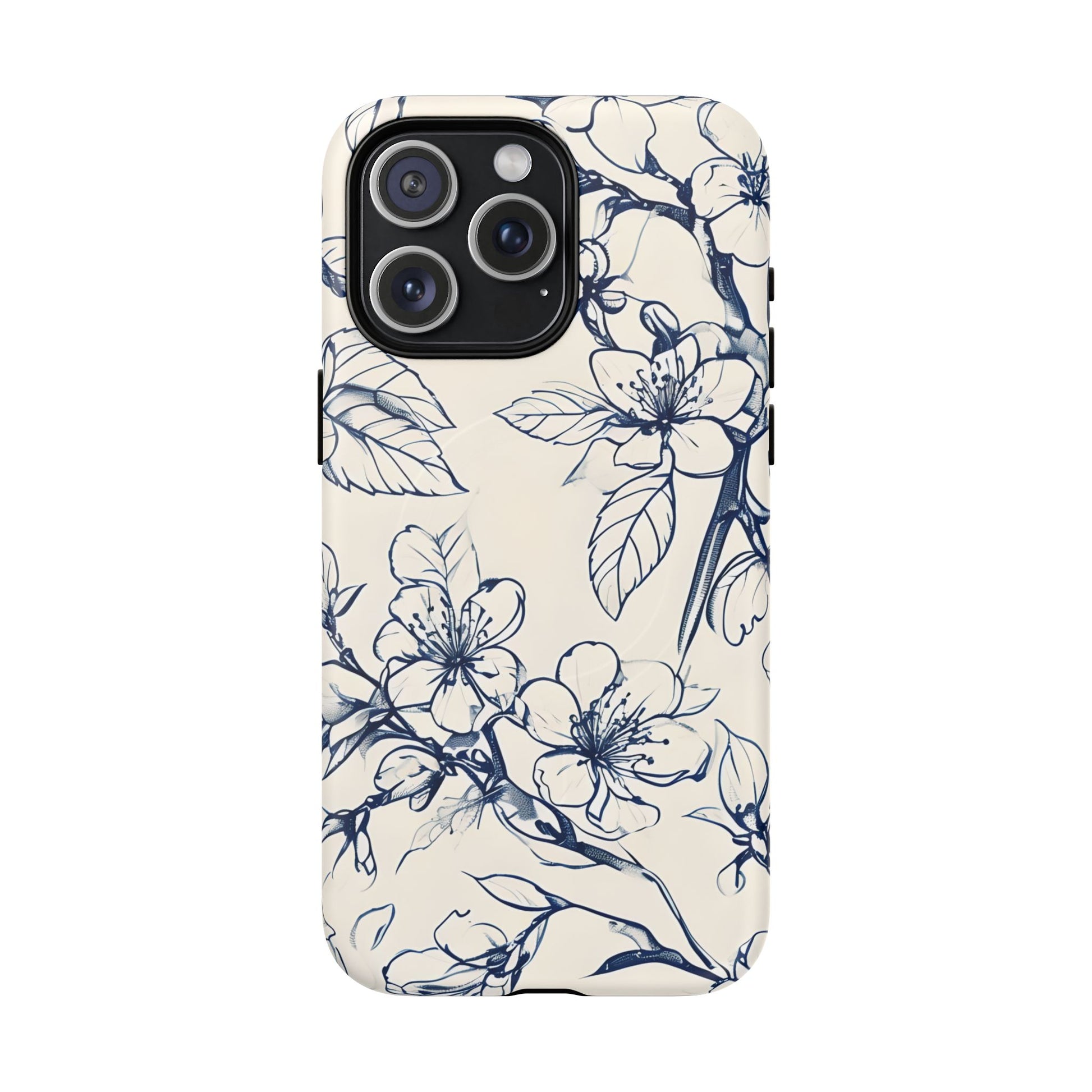 Blossom Sketch - Artistic Blue Floral - iPhone 15 Pro Max MagSafe Phone Case - Hand-Drawn Botanical Design