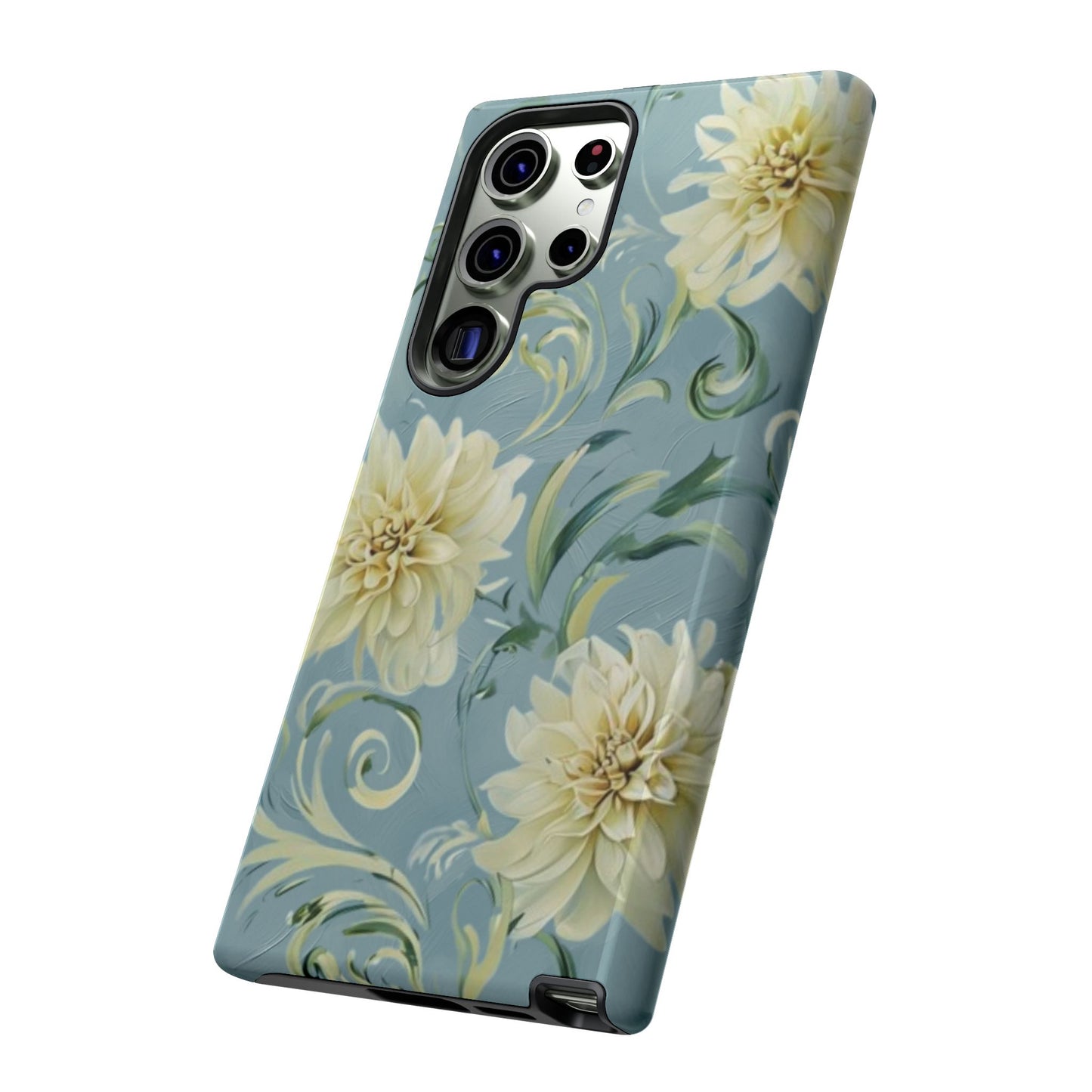 Golden Dahlia Trio Samsung Galaxy phone case angled view featuring elegant dahlia floral pattern and swirling leaves