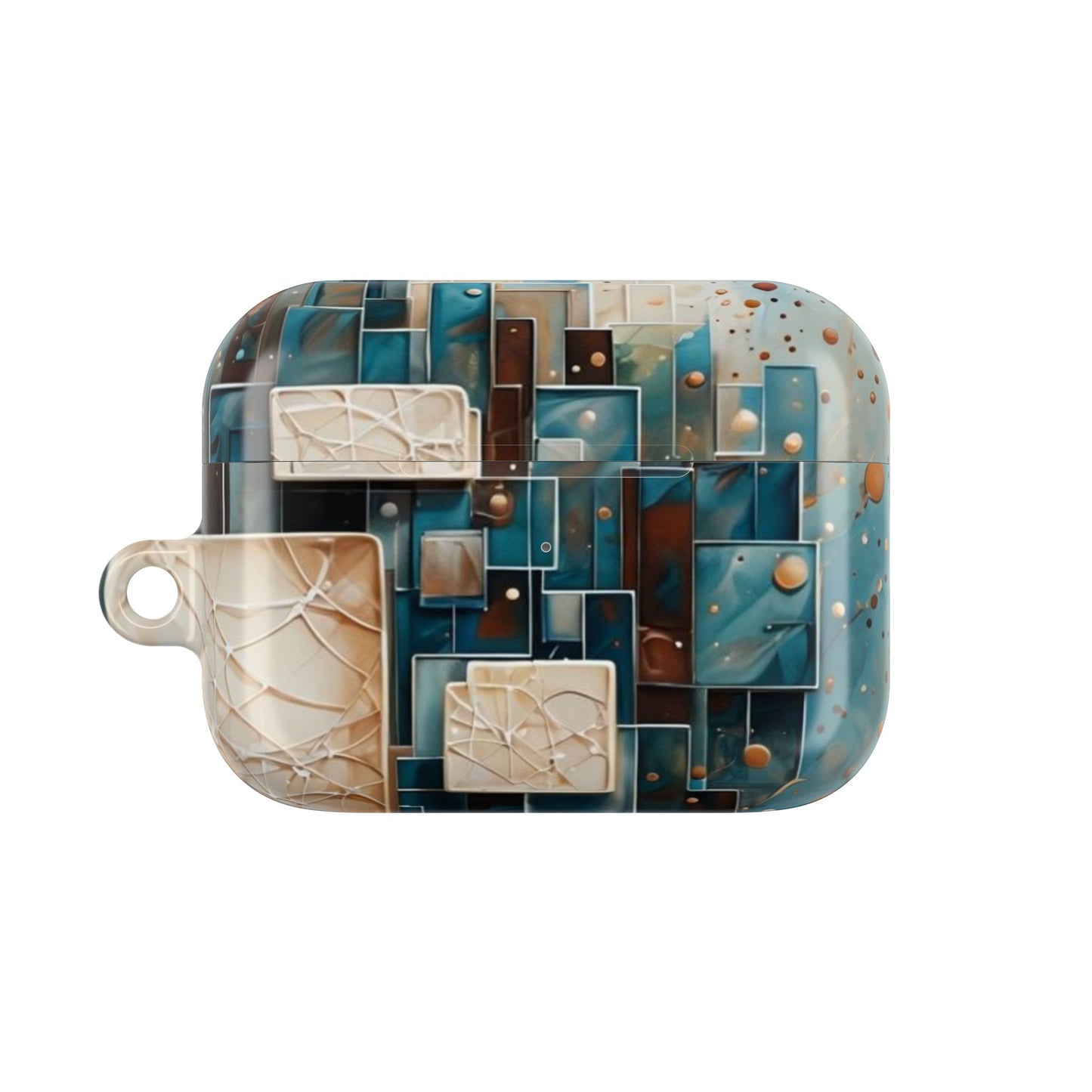 Architectural Drift AirPods case featuring geometric architectural tile artwork in teal, bronze, and ivory tones