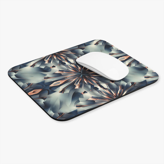 Obsidian Kaleidoscope mouse pad in workspace with mouse showing geometric kaleidoscope artwork