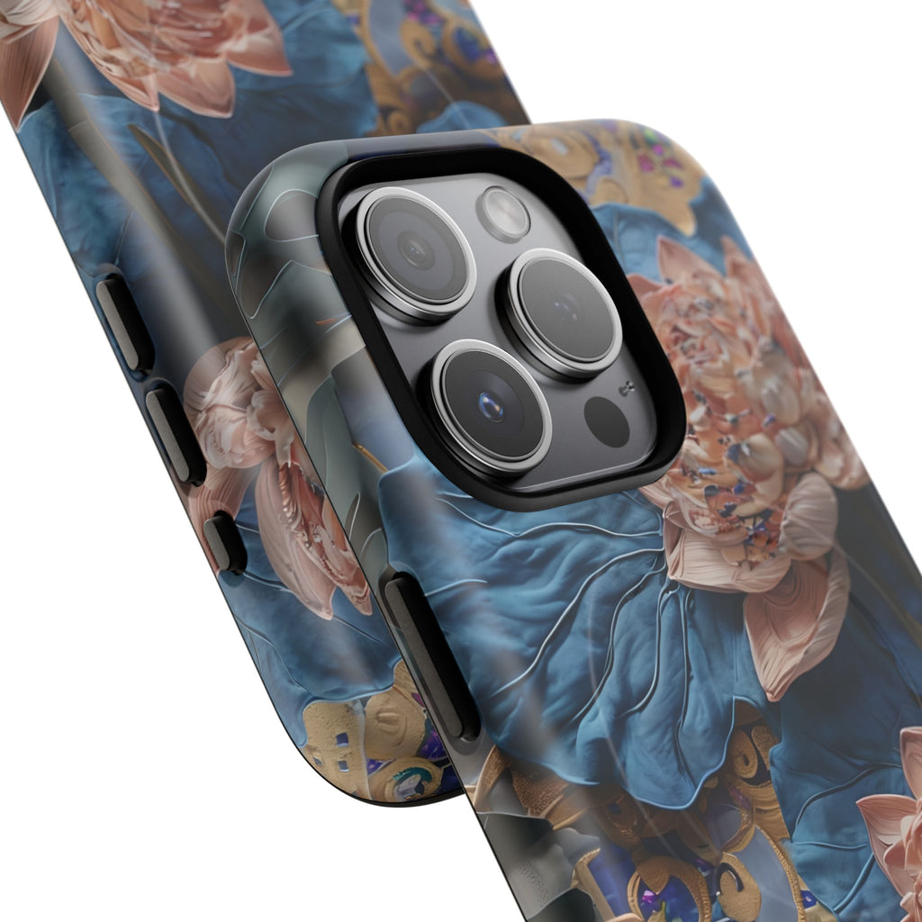 Peony Midnight Tapestry - iPhone 15 Pro - MagSafe Compatible - Elegant Blue & Blush Artful Phone Cover