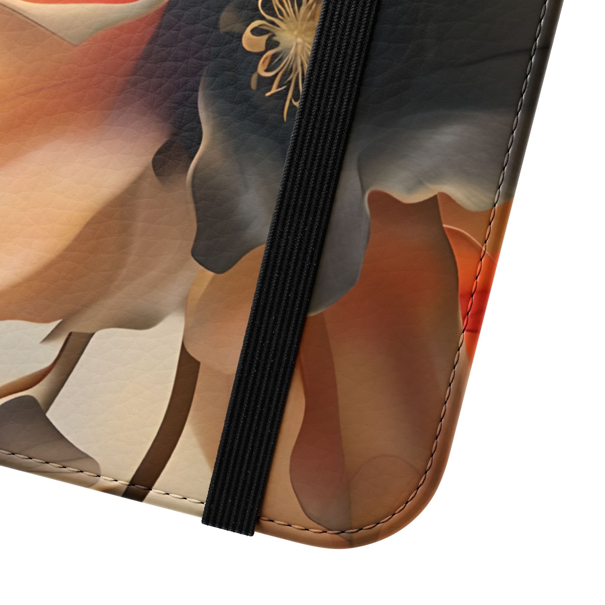 Close up faux leather Autumn Ember floral iPhone wallet flip phone case with elastic closure