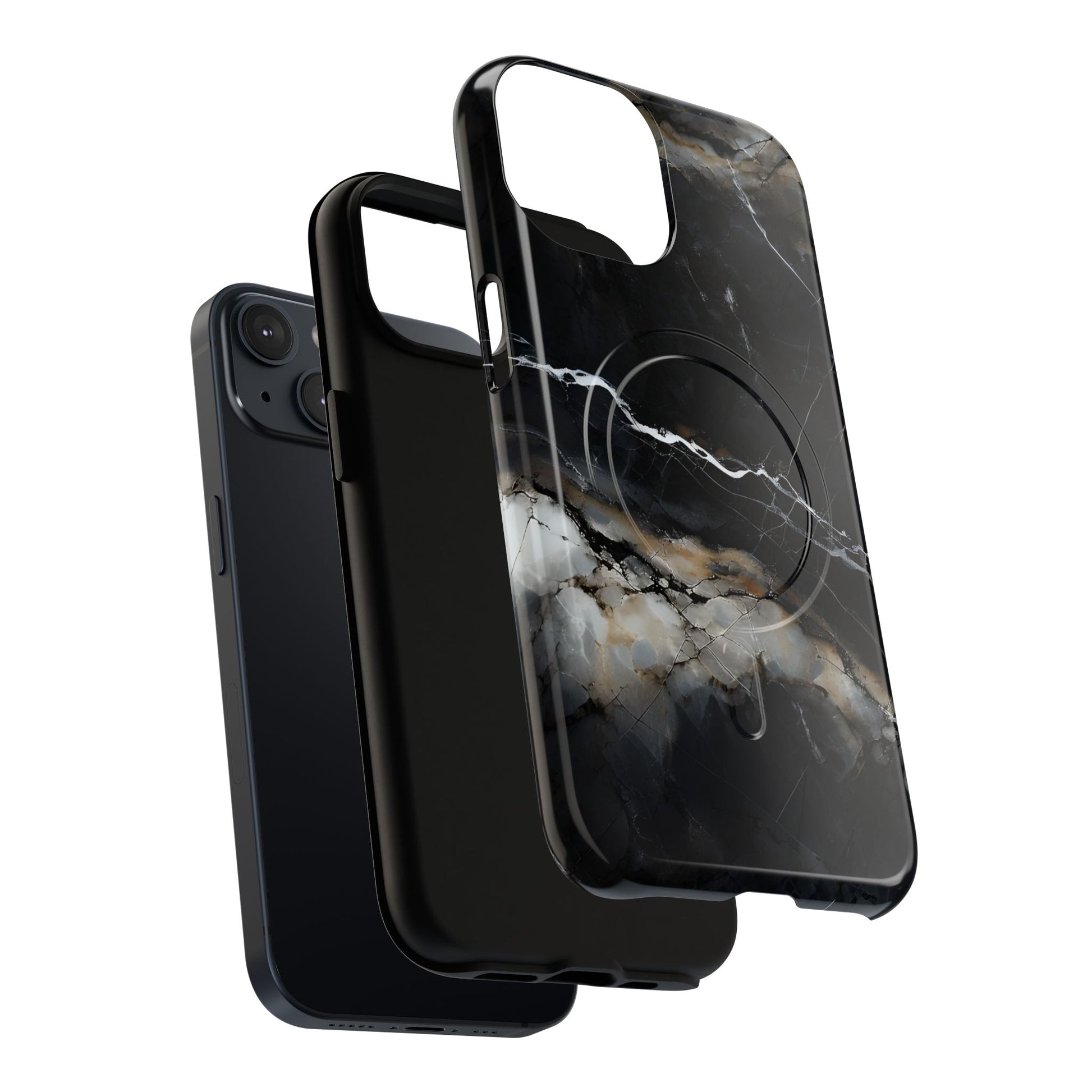Obsidian Vein iPhone 14 MagSafe Phone Case -Black Neutral Marble Design